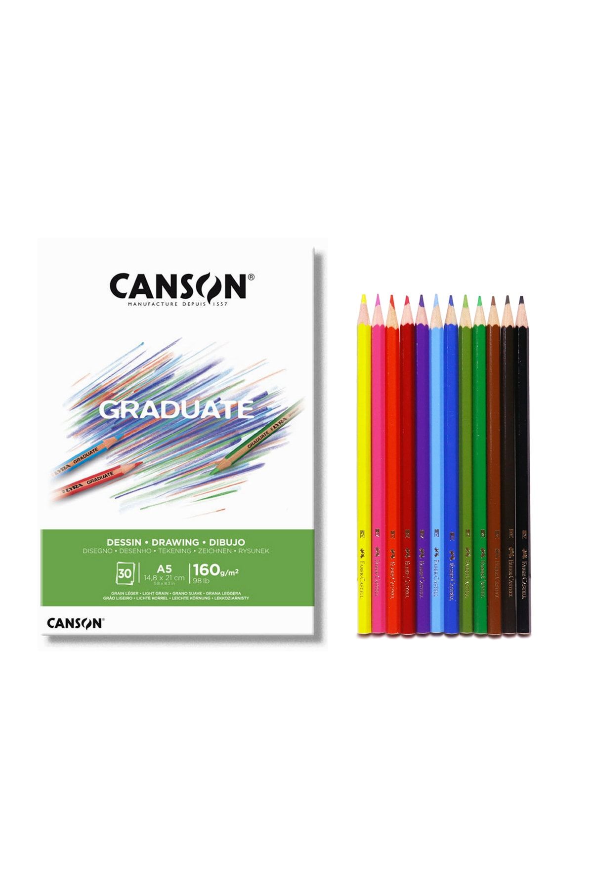 Canson Graduate A5 160 Gr 30 Yaprak Çizim Defteri Faber 12'li Kuru Boya Seti