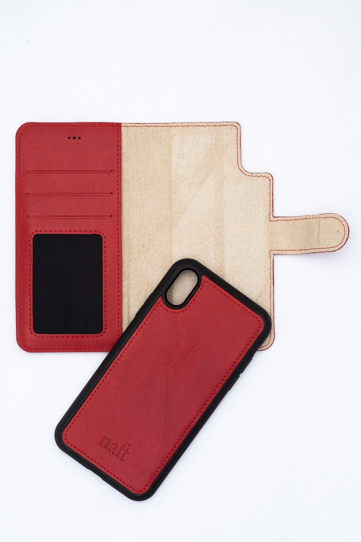 naft Mıknatıslı Telefon Cüzdanı - Iphone Xs Max - Gerçek Deri - Veji Kırmızı