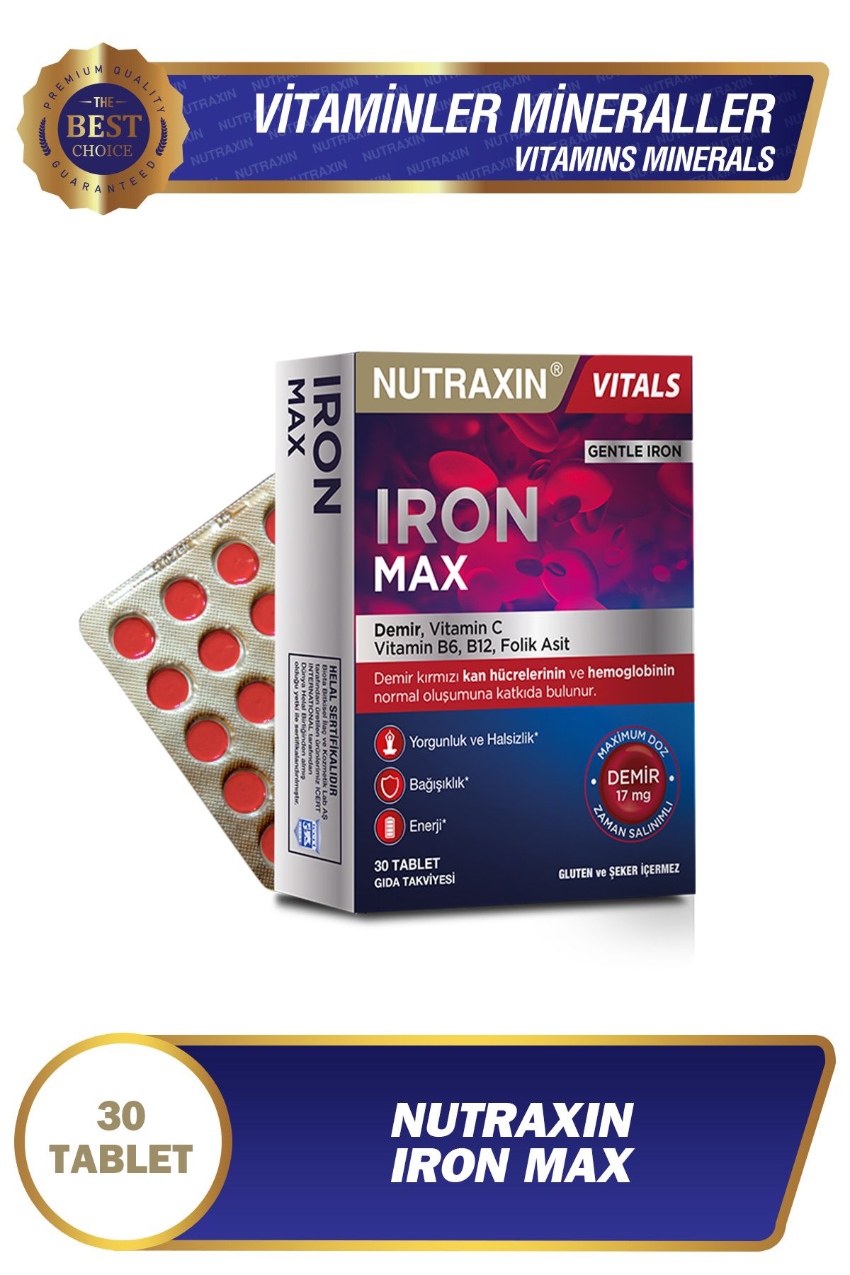 Nutraxin Iron Max 17 Mg 30 Tablet - Demir, C Vitamini, B6 Vitamini, Folik Asit, B12