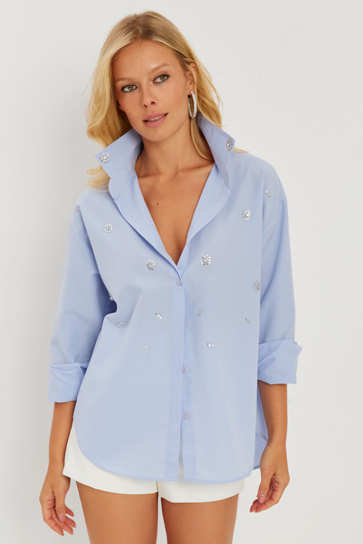 Cool & Sexy Kadın Mavi Taşlı Gömlek SF2550