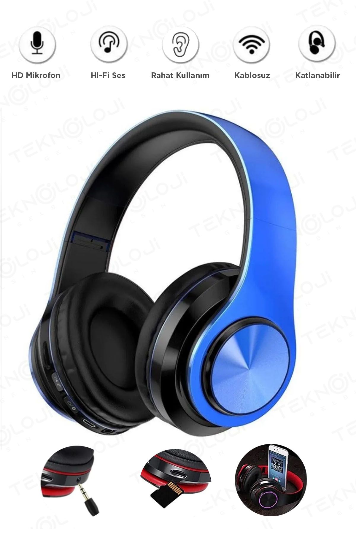 Teknoloji Gelsin Kablosuz Kulaklık Bluetooth Mikrofonlu Kulaküstü Kulaklık Led Işıklı Katlanabilir Mavi