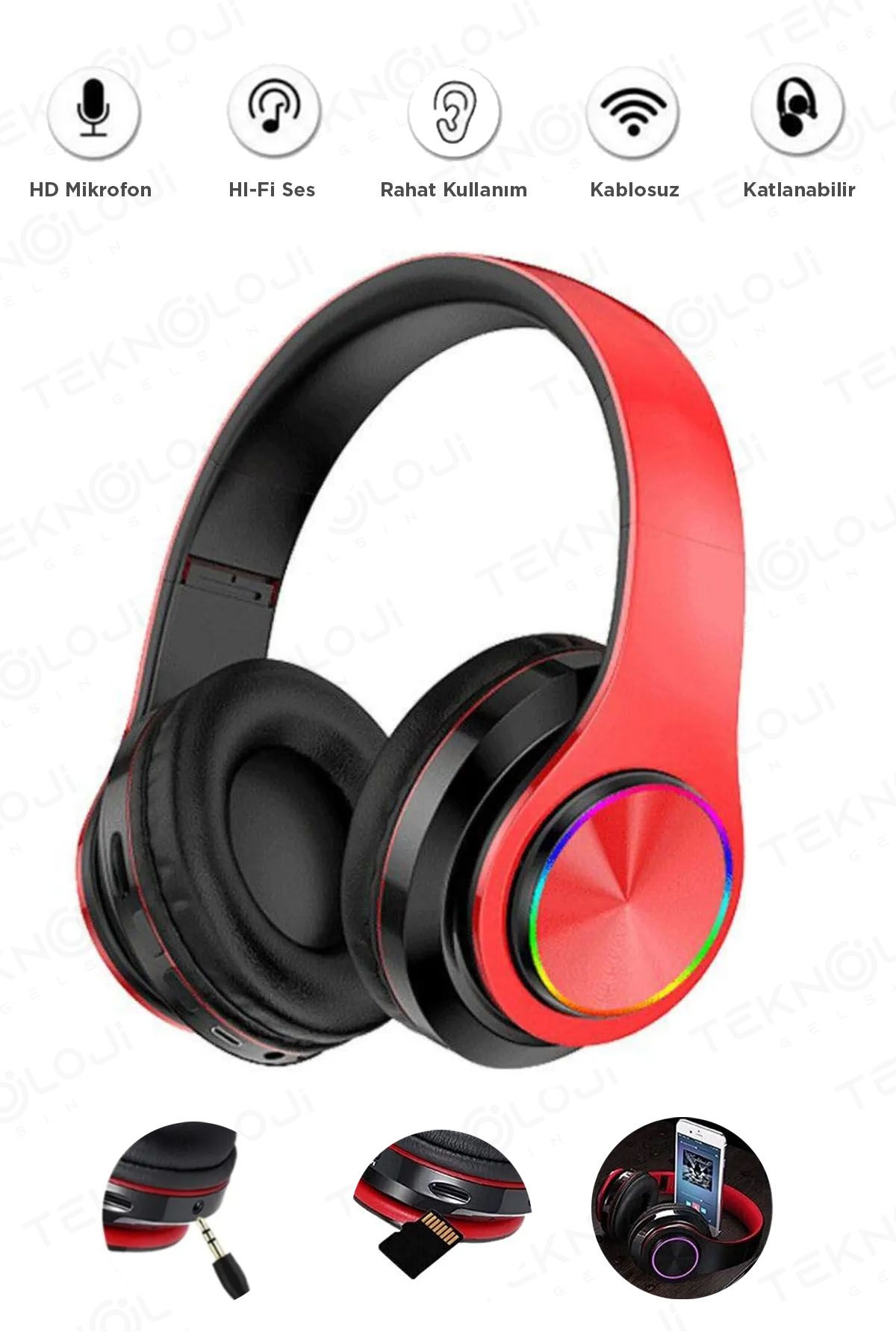 Teknoloji Gelsin Kablosuz Kulaklık Bluetooth Mikrofonlu Kulaküstü Kulaklık Led Işıklı Katlanabilir Kırmızı B39
