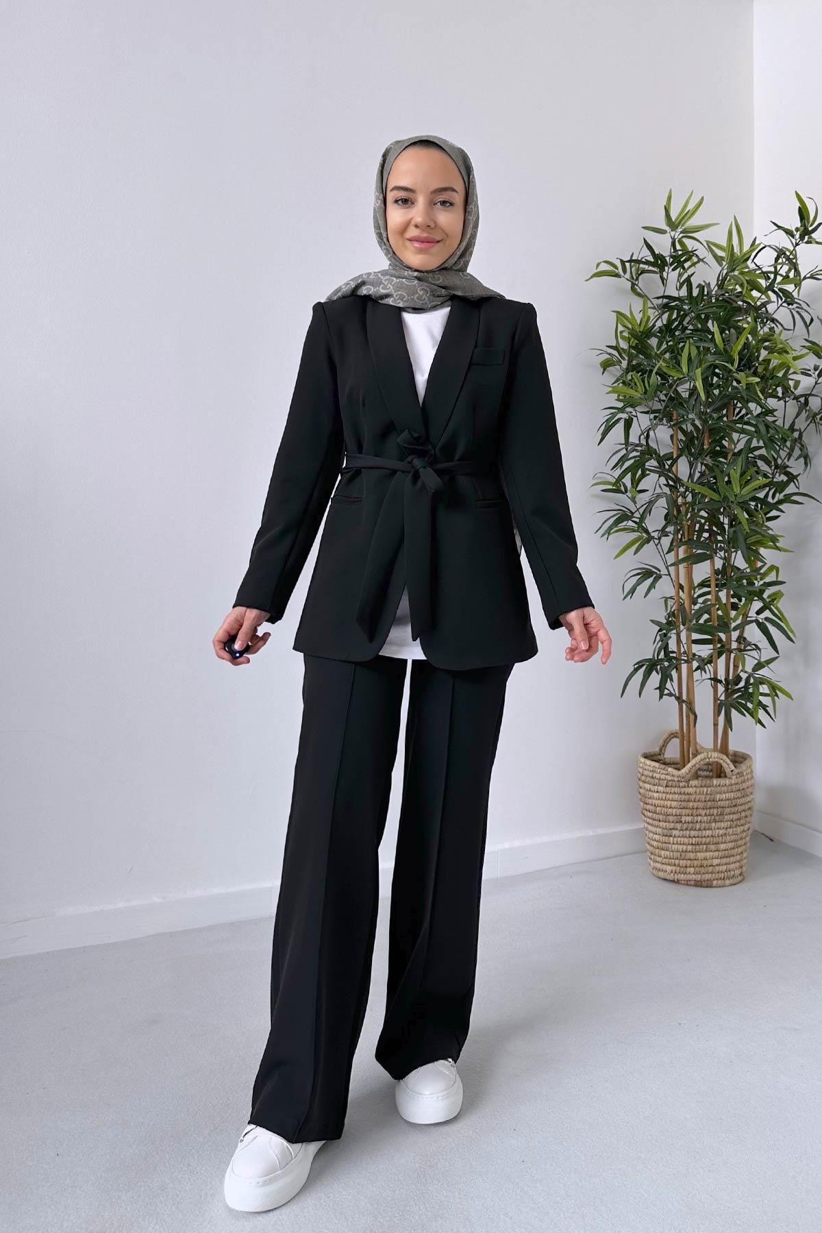 Ka Hijab Vatkalı Blazer Ceket Pantolon Takım - Siyah