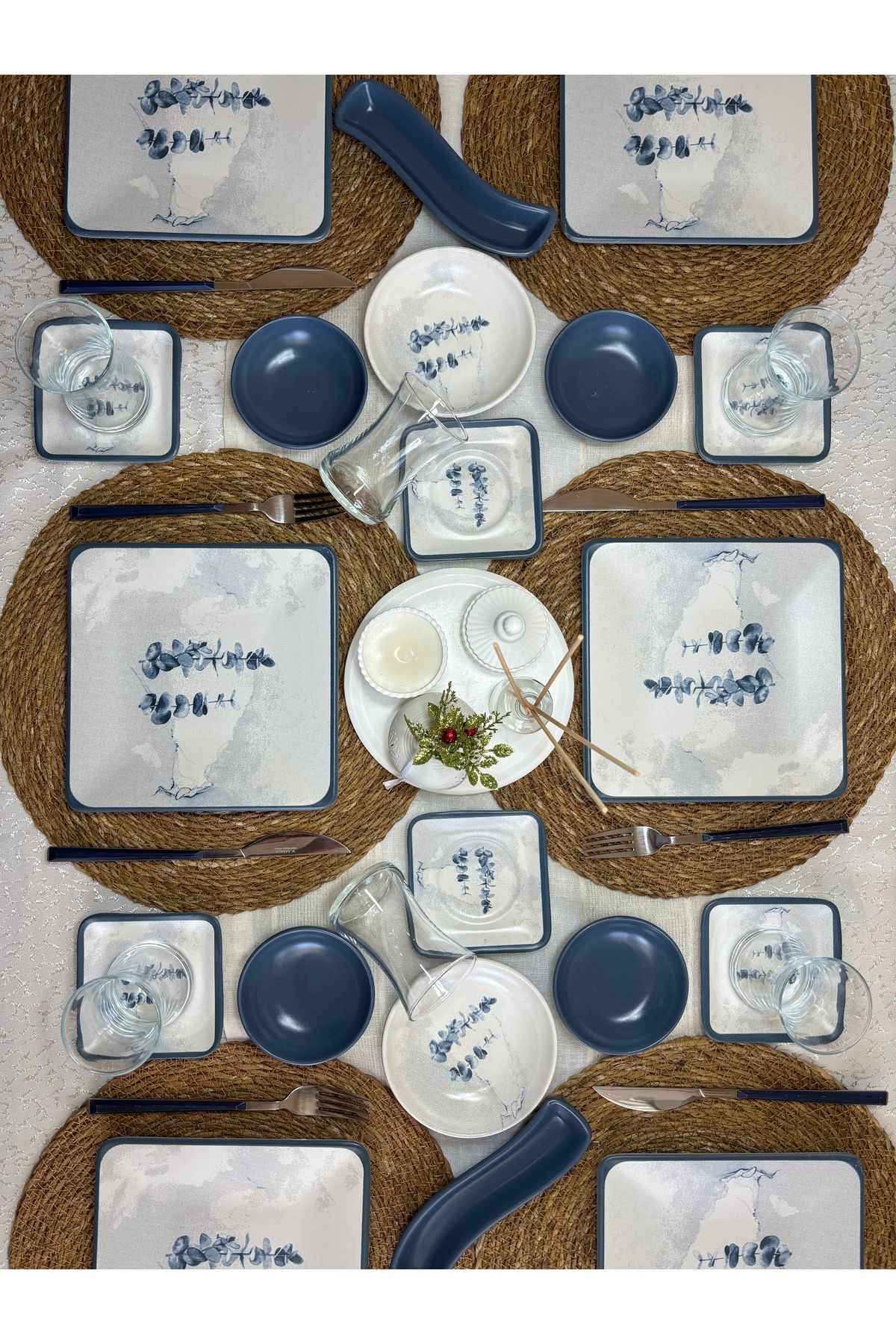 Keramika Peakgift 6 Kişilik 26 Parça Mavi Çiçek Desenli Kare Kahvaltı Takımı