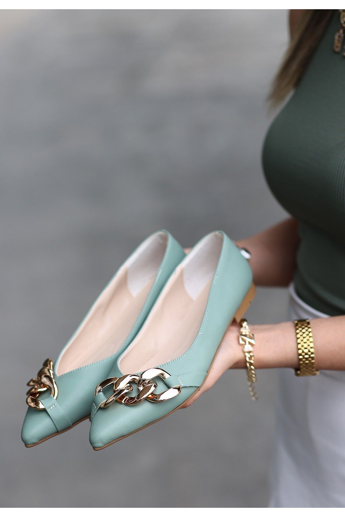 Erbilden Erbil Popi Mint Yeşili Cilt Zincirli Babet Ayakkabı