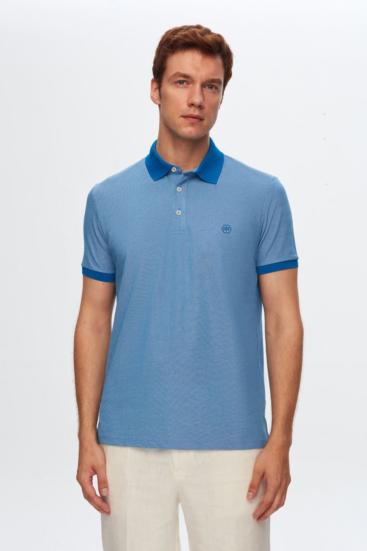 D'S Damat Regular Fit Mavi Polo Yaka Nakışlı Pamuk Karışımlı T-shirt