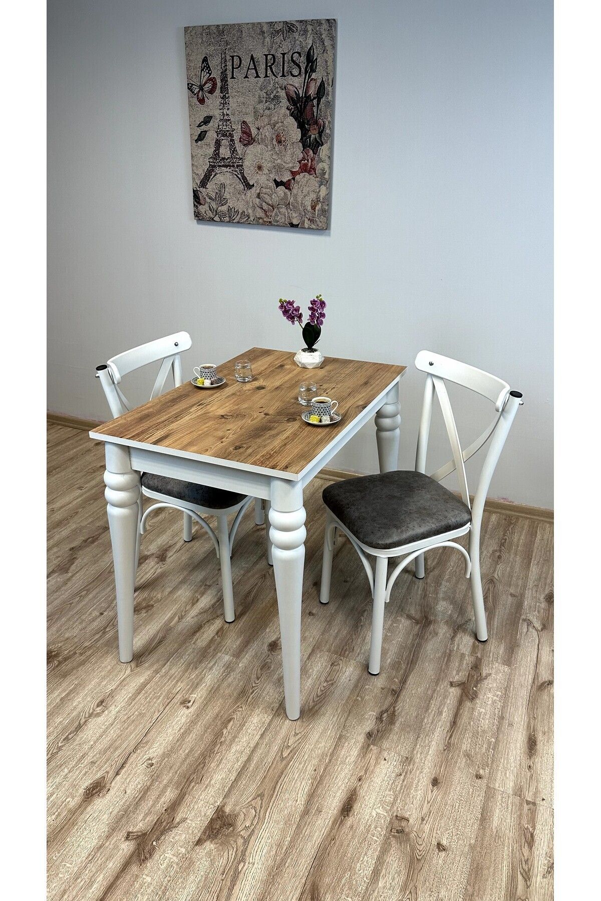Dimassi Topkapı CEVİZ BEYAZ MASA 2 Kişilik Yemek Masası Mutfak Masası Salon Masası Koyu Bej Sandalye