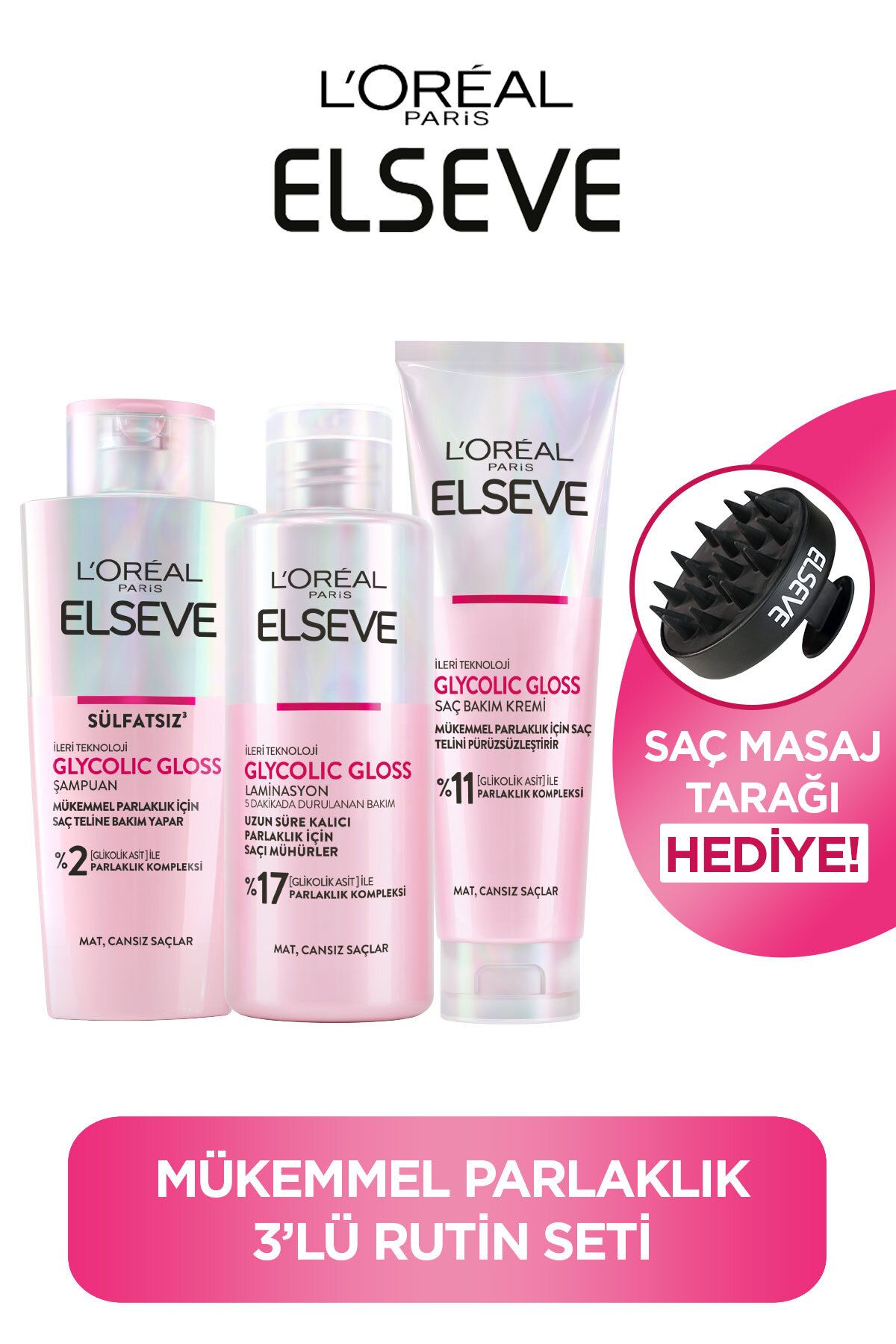 Elseve Glycolic Gloss Mükemmel Parlaklık 3'lü Saç Bakım Seti: Şampuan , Saç Kremi, Laminasyon Bakım
