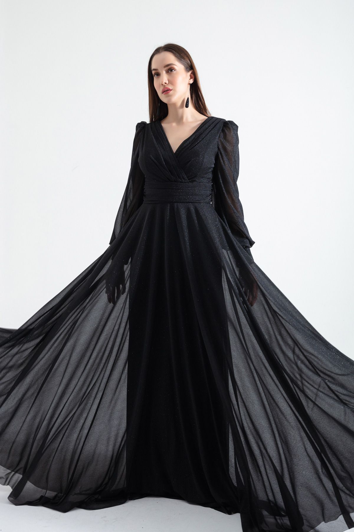 Lafaba Kadın Siyah V Yaka Simli Uzun Abiye Elbise