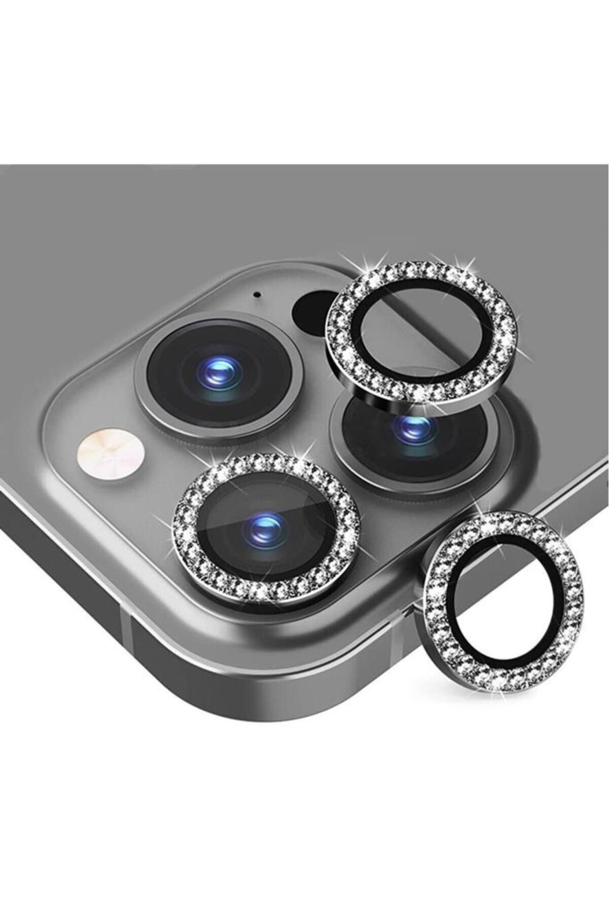 KUMİ Lens Koruyucu Apple Iphone 13 Pro Uyumlu Kamera Koruyucu Gümüş Taşlı