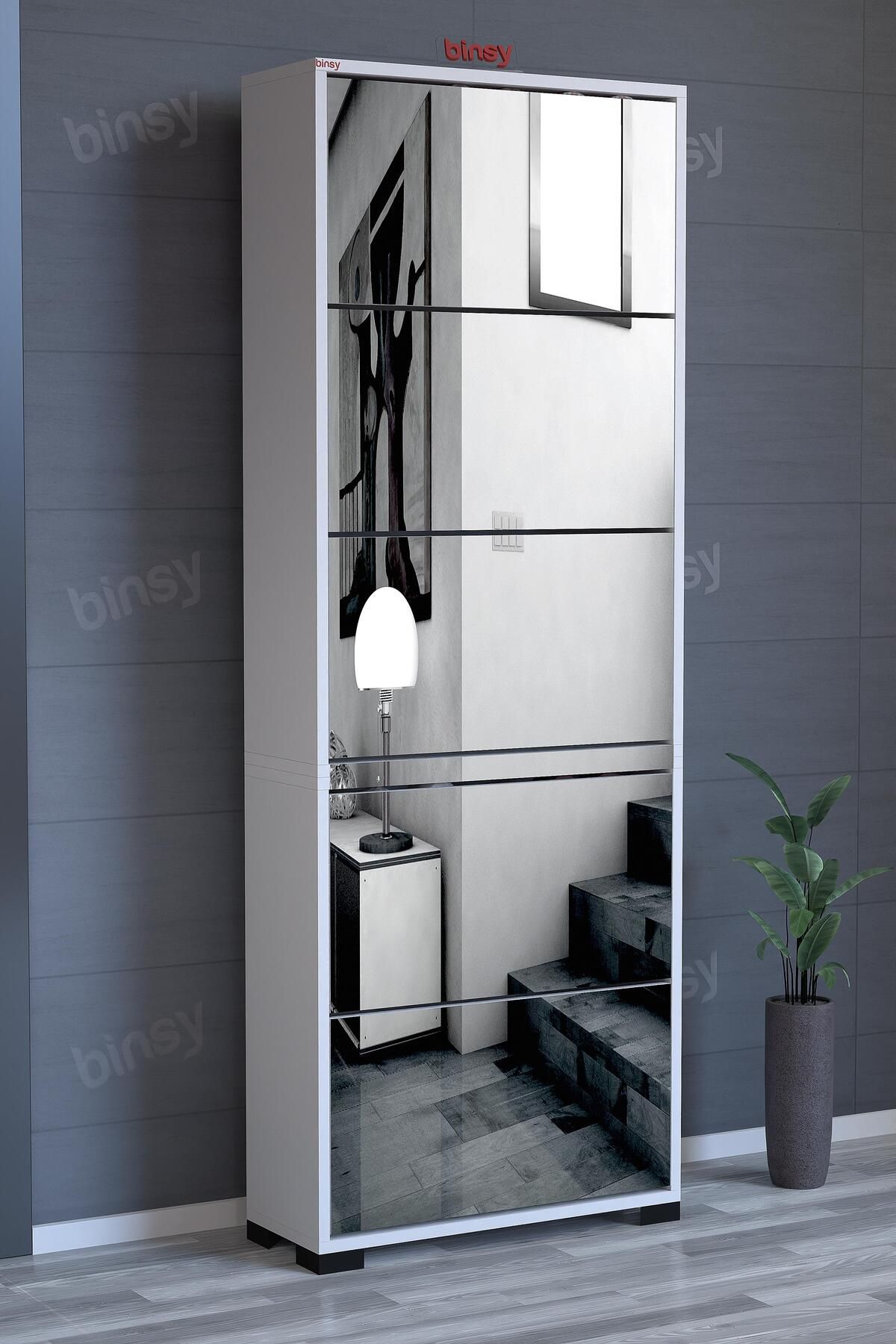 Binsy Avrasya Düşer Kapaklı 5 Raflı Kapaklı Elit Aynalı Ayakkabılık Ve Boy Aynası Ayaklı 176 X 64'cm Beyaz