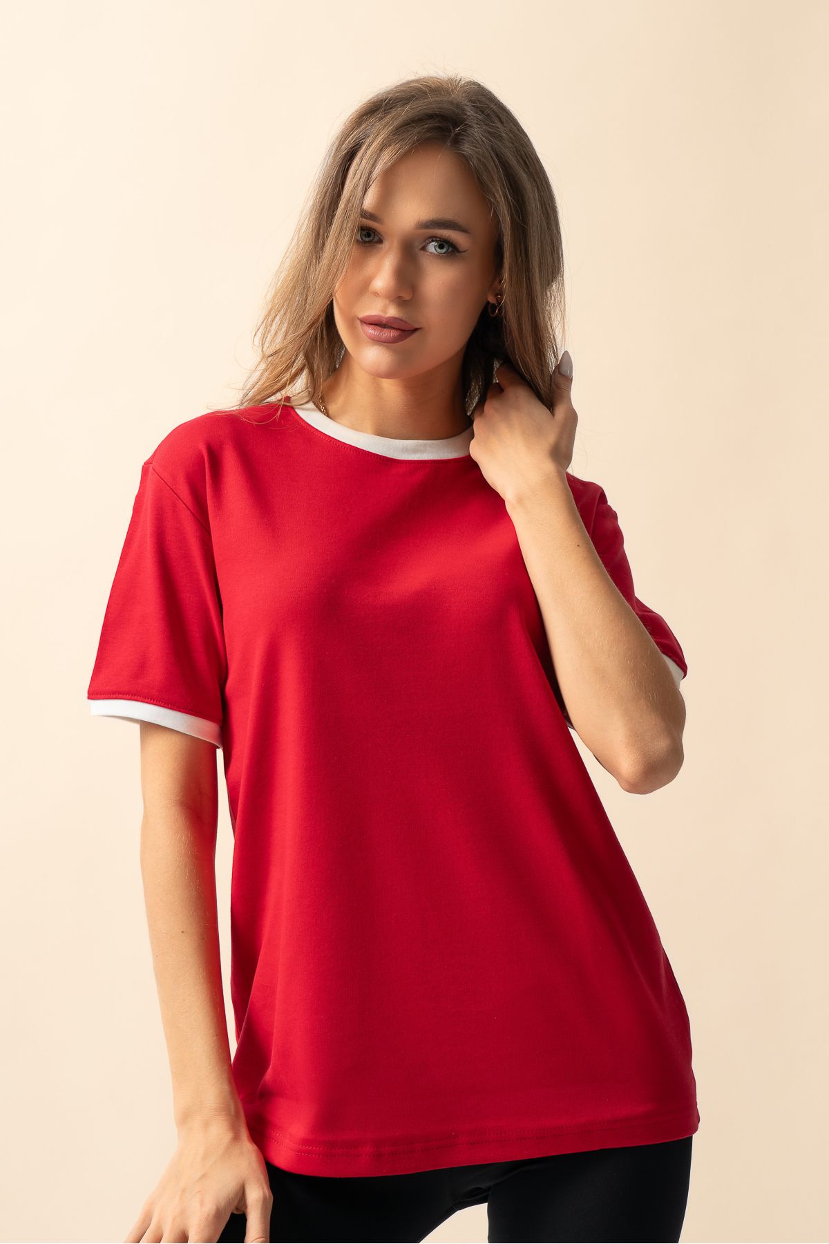 Trendseninle Kadın Kırmızı Penye İnterlok Oversize Tişört