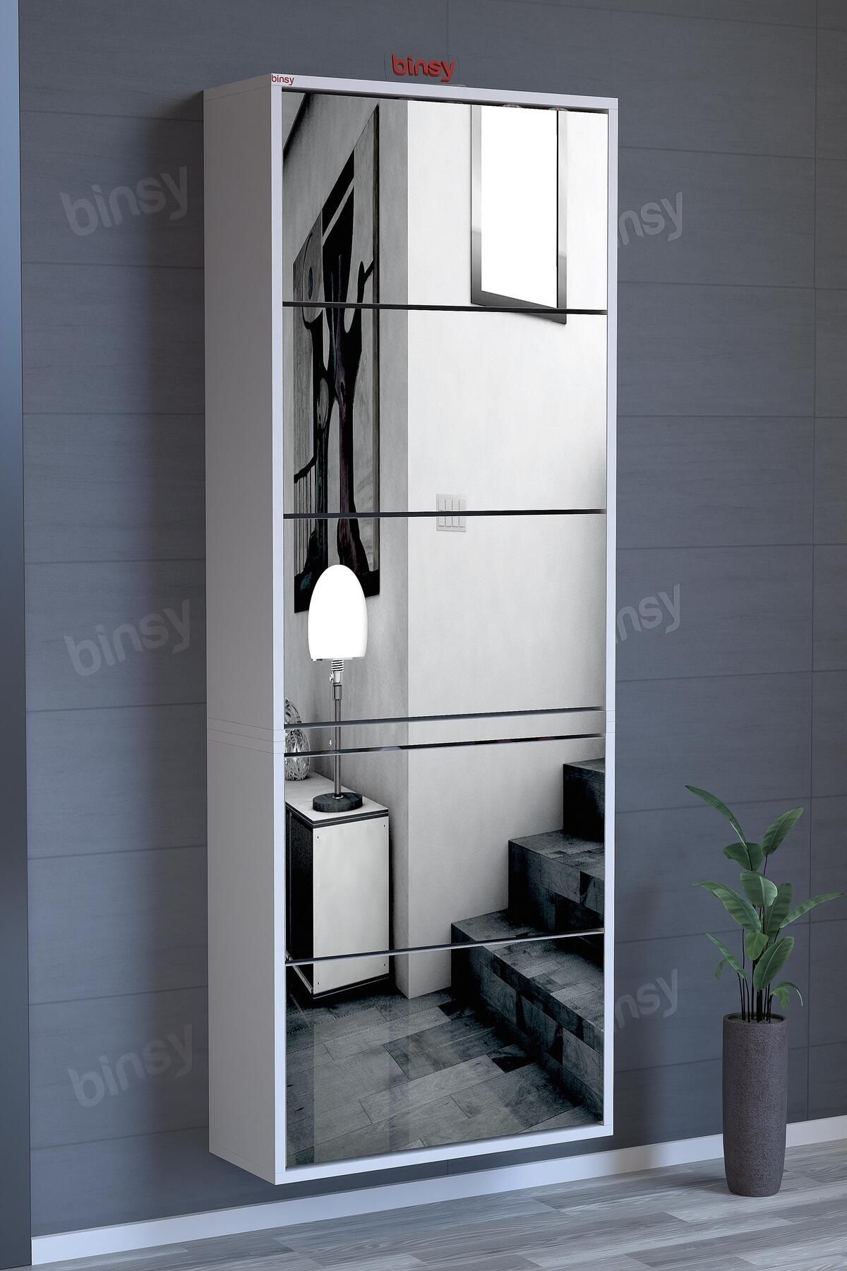 Binsy Avrasya Düşer Kapaklı 5 Raflı Kapaklı Elit Aynalı Ayakkabılık Ve Boy Aynası Askılı 176 X 64cm Beyaz