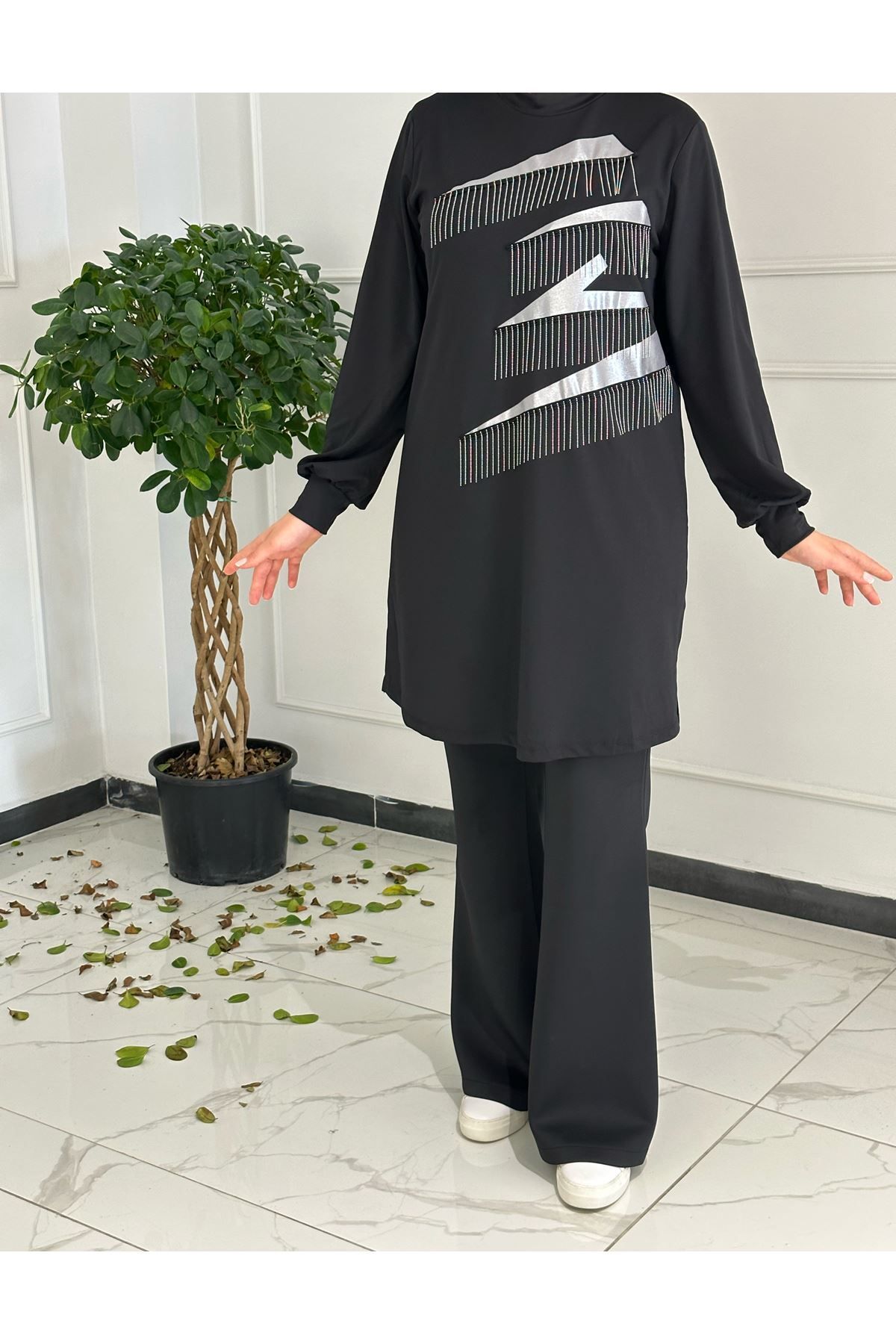 ottoman wear Otw1205 Büyük Beden Zincirli Tunik Siyah