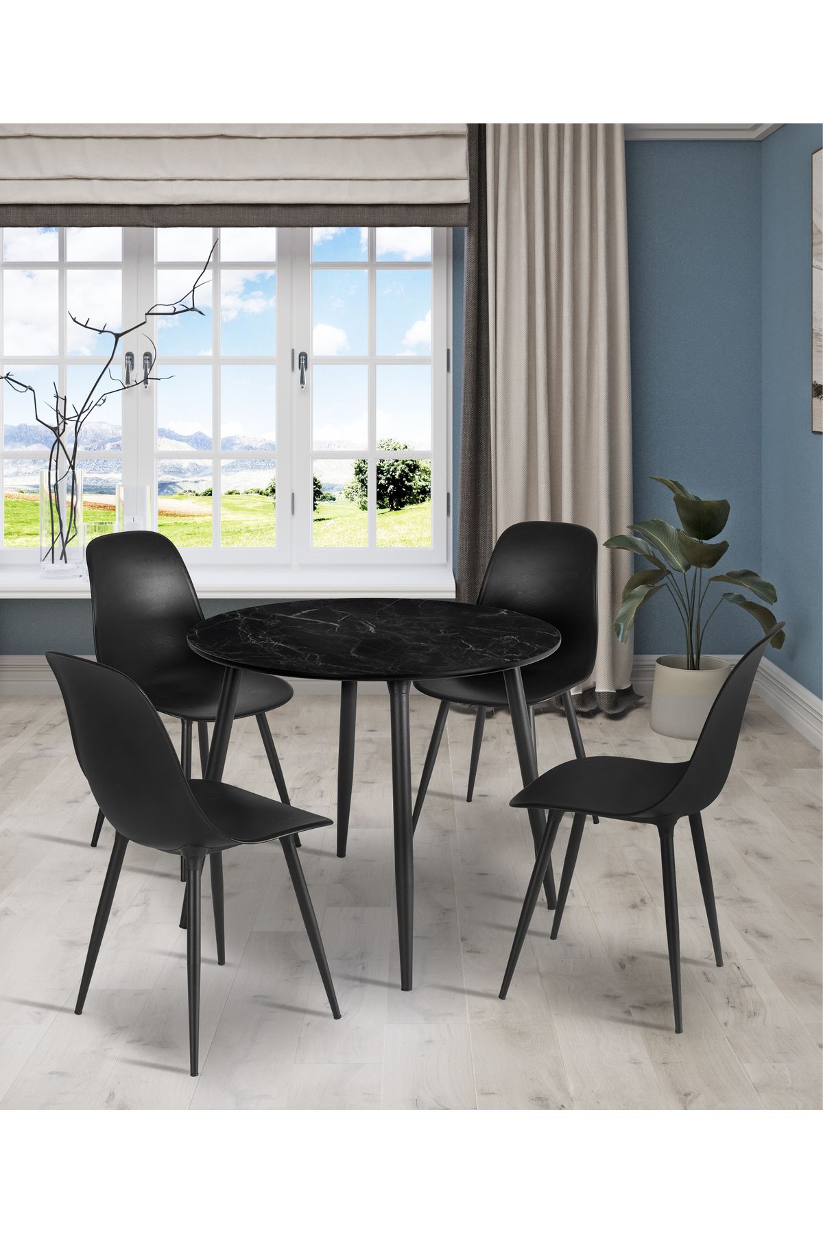 Estelia Yemek Masası Mutfak Masası 90q Yuvarlak Metal Ayaklı Siyah Masa, 4 Adet Abant Metal Ayaklı Sandalye
