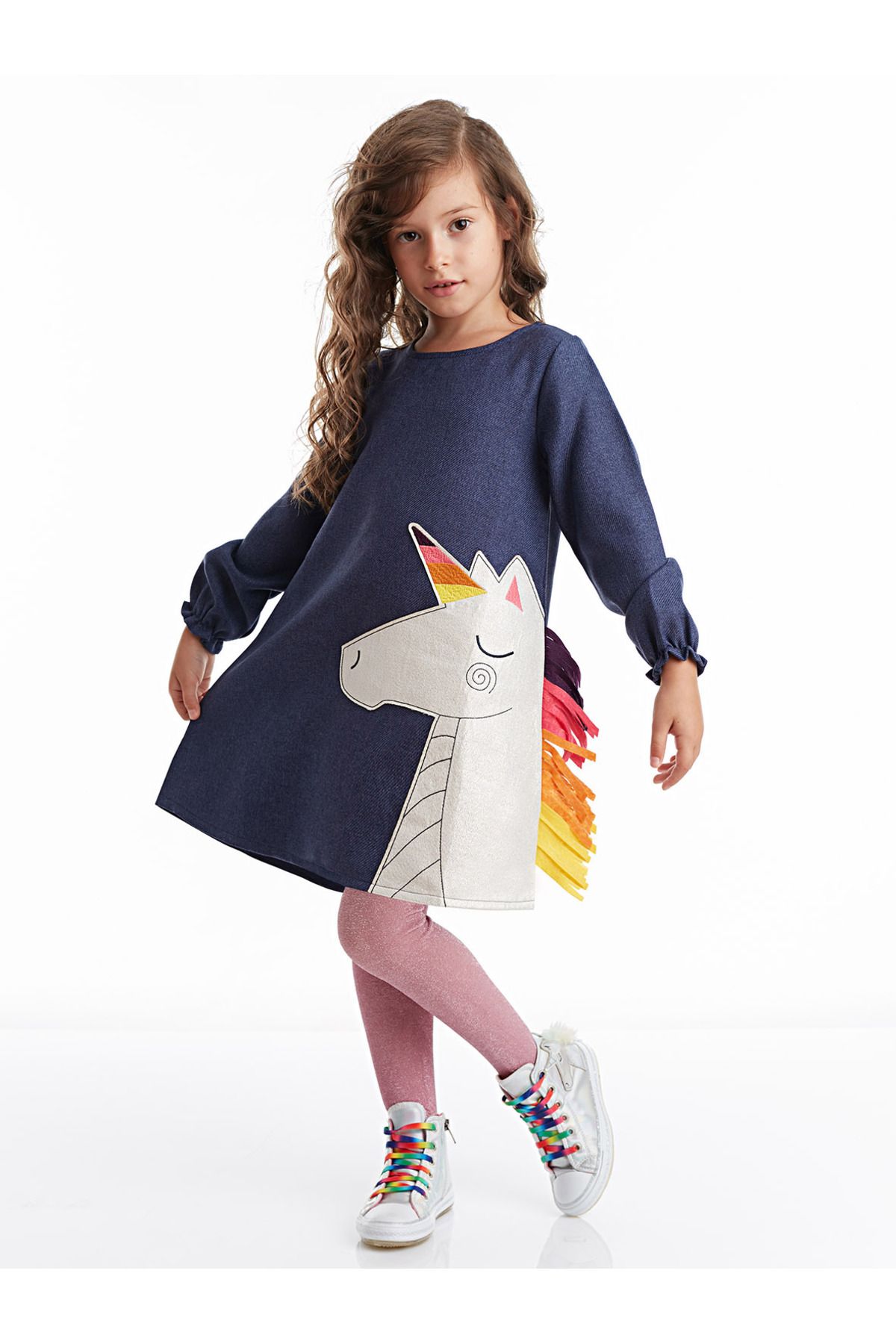 Denokids Renkli Unicorn Kız Çocuk Dokuma Elbise