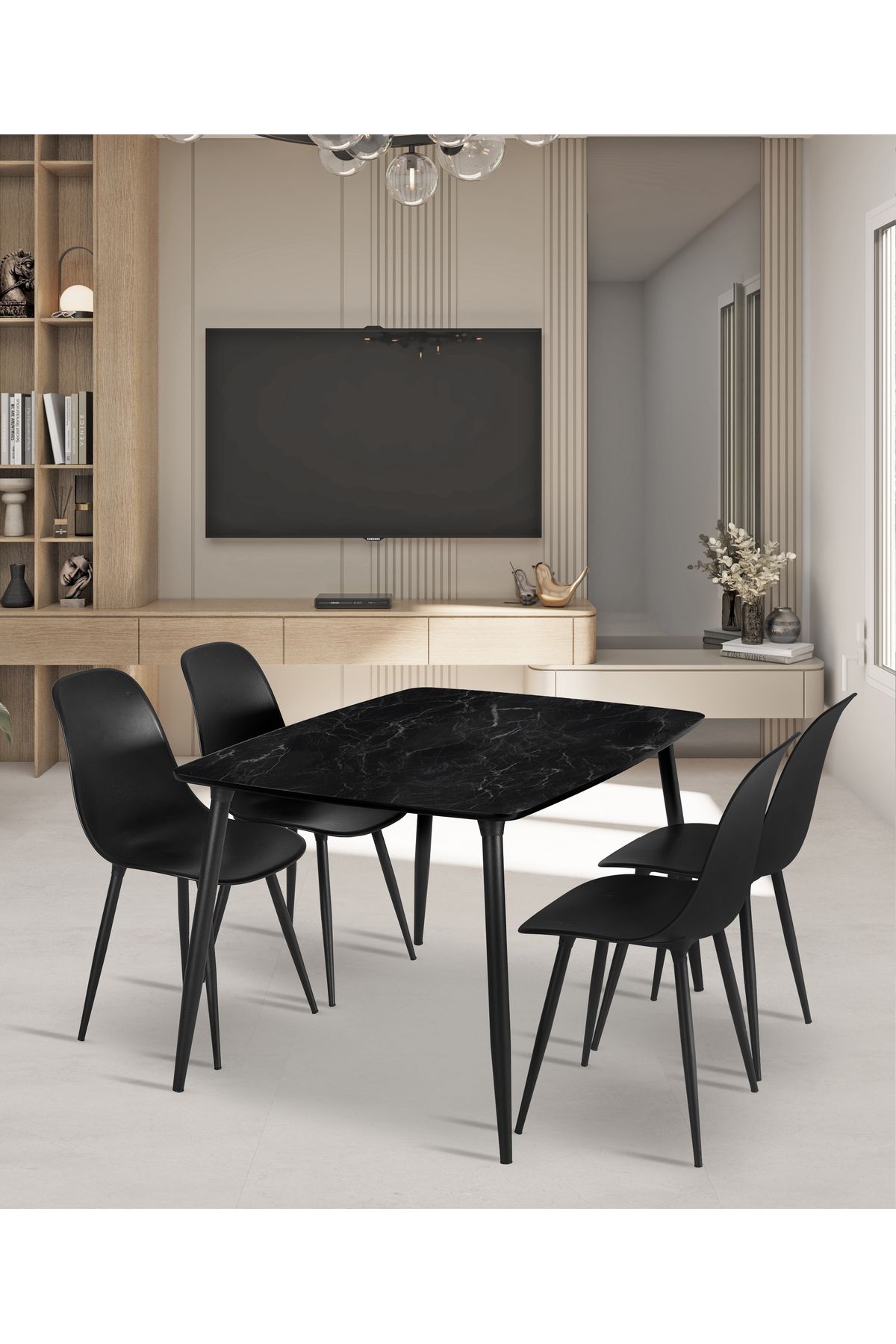 Estelia Yemek Masası Mutfak Masası 90x120 Cm Metal Ayaklı Siyah Masa, 4 Adet Abant Metal Ayaklı Sandalye