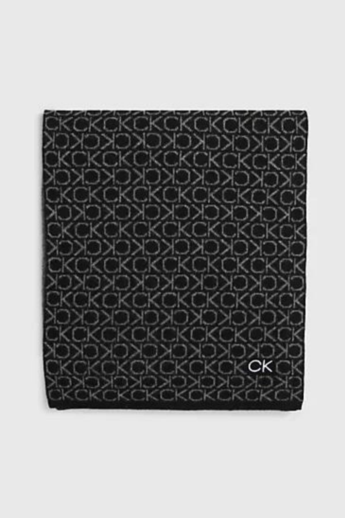 Calvin Klein Erkek Calvin Klei Logo Monogram Işlemeli Yün Kaşmirli Şık Görünümlü Siyah Atkı K50k509703-bax