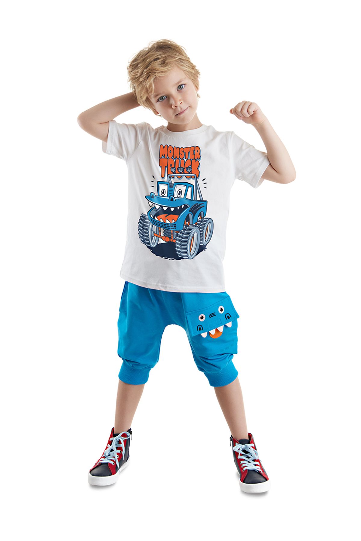Denokids Monster Truck Erkek Çocuk T-shirt Kapri Şort Takım