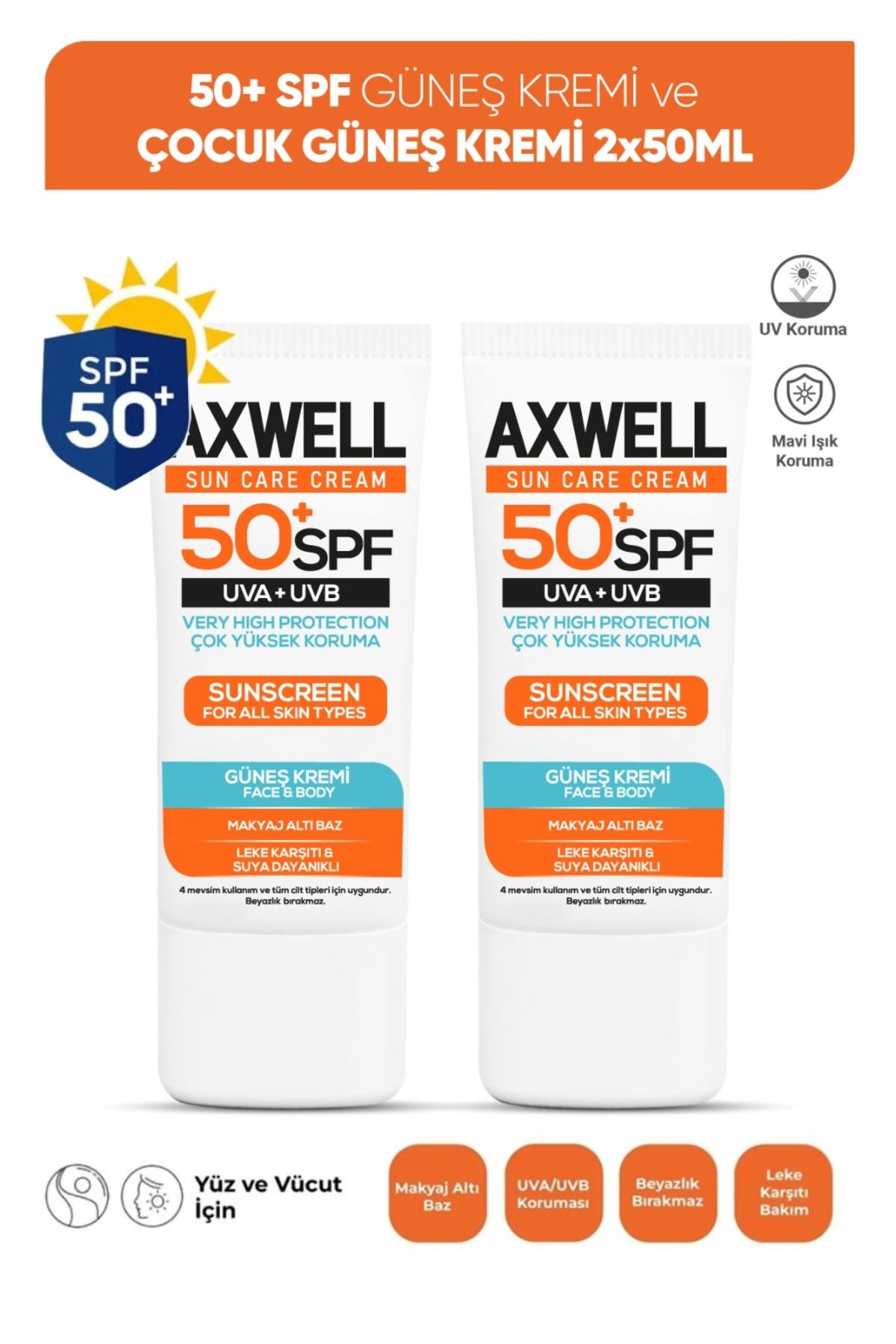 AXWELL Spf 50+ 2 Li Fırsat Seti Leke Karşıtı Nemlendirici Yüksek Koruma Güneş Kremi 50 ml