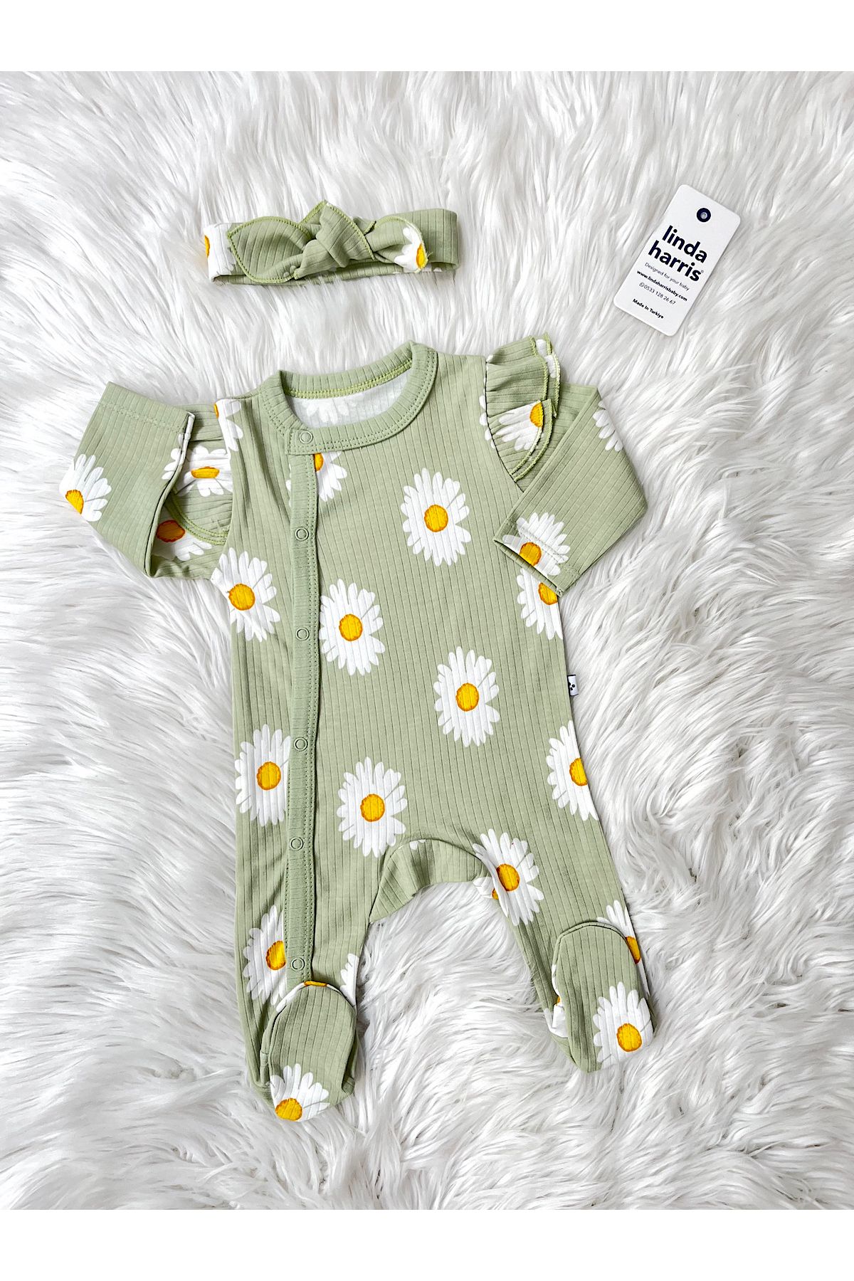 Linda Harris Daisy Pattern Açık Yeşil Bandanalı Bebek Tulum