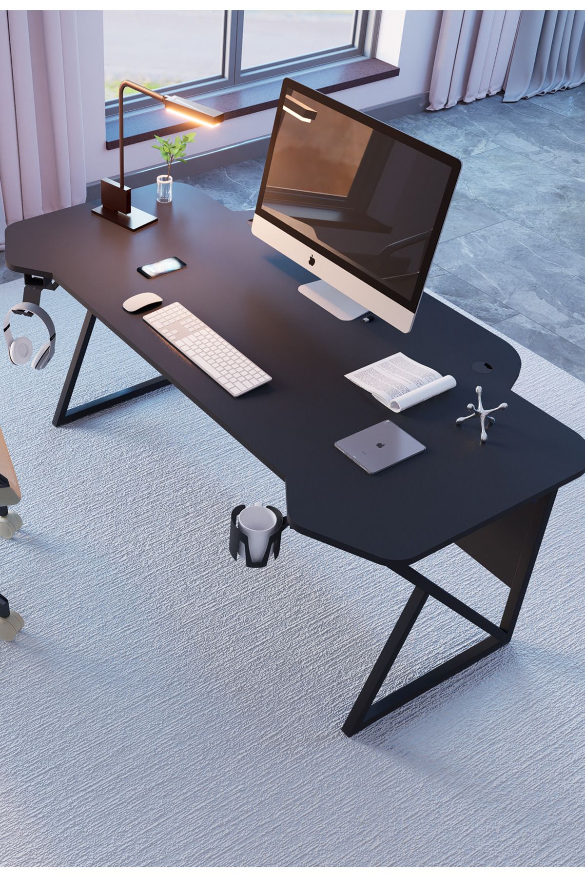 Michael Brean Özel Tasarım 140 Cm Ofis Yönetici Masası Rgb Led Işıklı Mouse Pad Bardaklı Ve Kulaklık Tutucu Hediye