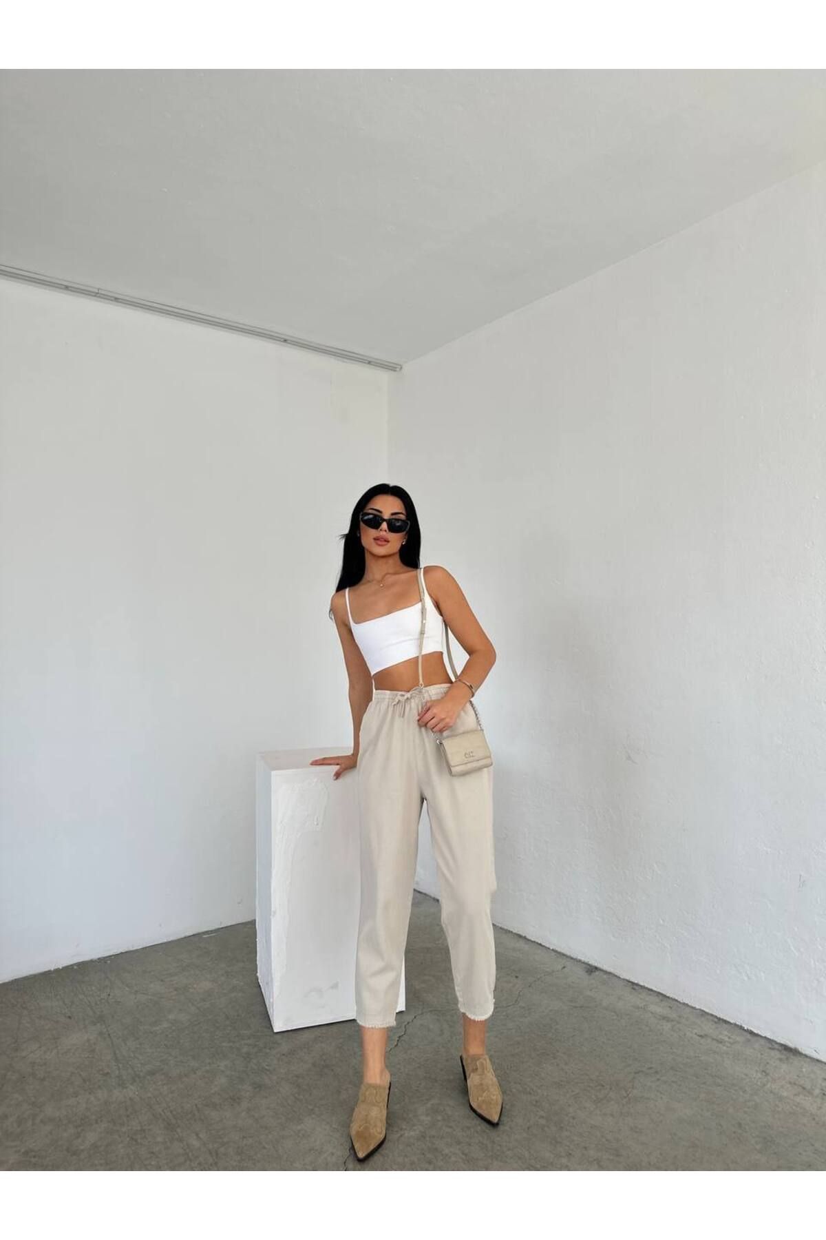Mixray Beli Lastikli ve İpli Pis Dikiş Paça Taş Rengi Kadın Pantolon