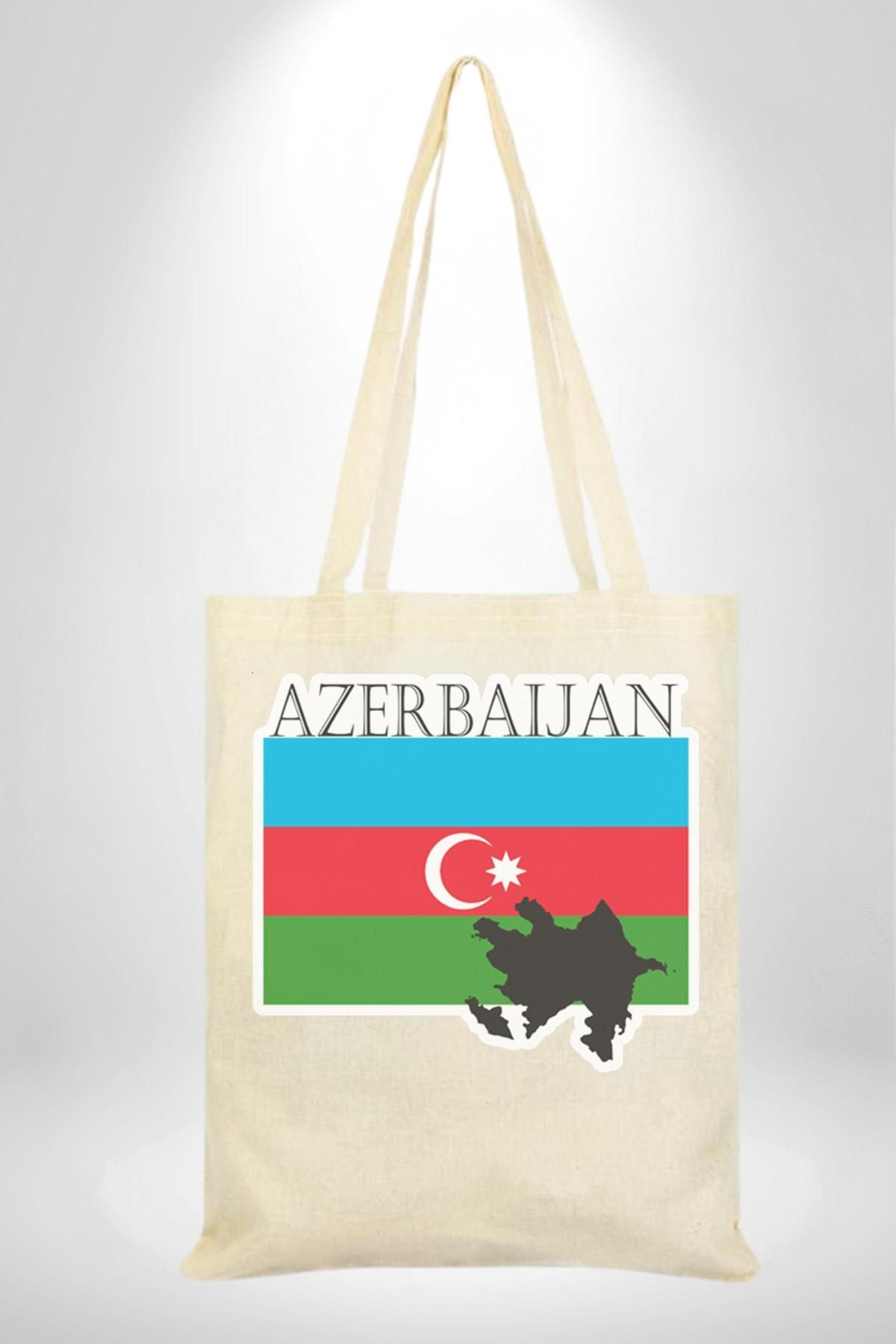 Angemiel Azerbeycan Bayrak Ülke  35X40 Kadın Erkek Çocuk Ekru Ham Bez Çanta