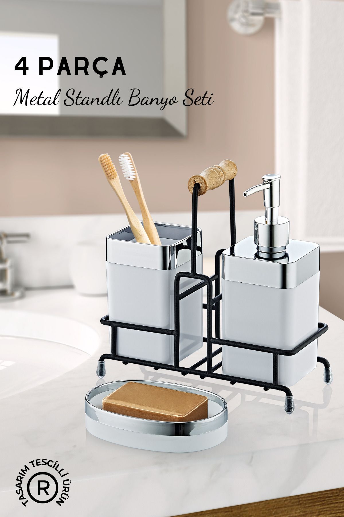 GRİMOR Life Metal Standlı Krom Detaylı Banyo Seti Beyaz- Sıvı Sabunluk Katı Sabunluk Diş Fırçalık