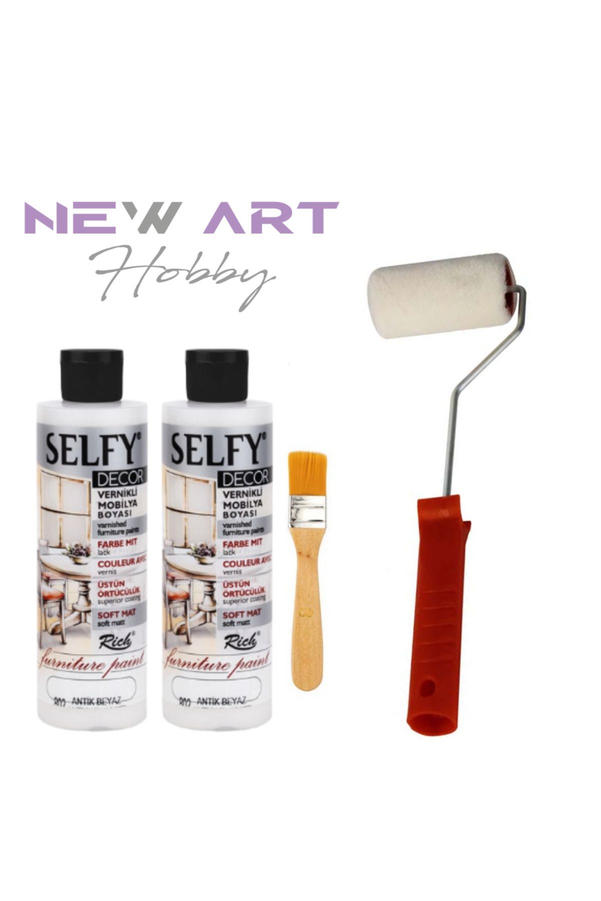 New Art Hobby Selfy Decor Kendinden Vernikli Mobilya Boyama Seti 240 Cc Antik Beyaz x2+ Maxi İpek Rulo + Fırça