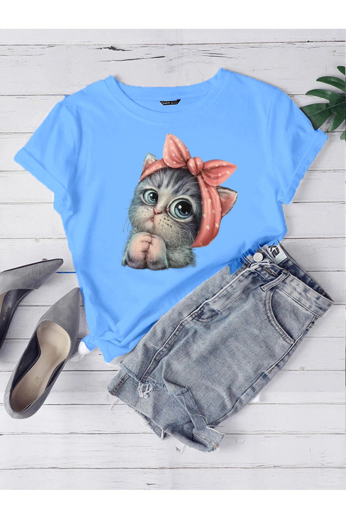 DUBU BUTİK Oversize Bebe Mavi Sevimli Minik Kedi Baskılı T-shirt Unisex Rahat Kalıp