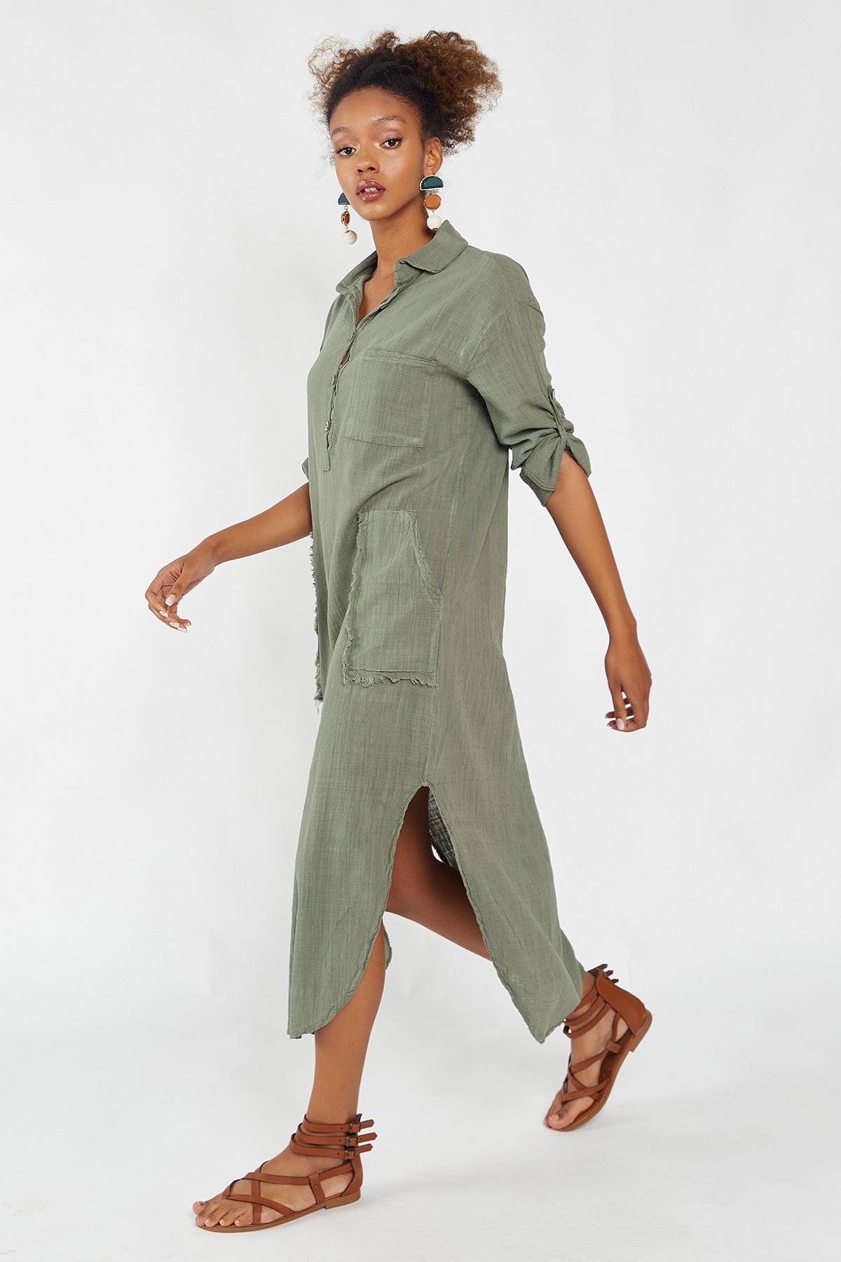 Hopoi Kadın Haki Yıkamalı Yarım Patlı Elbise Hop4301