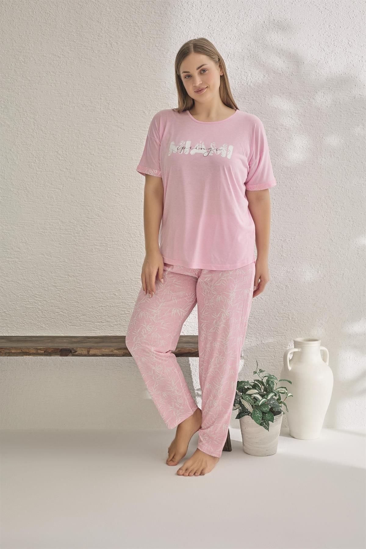 Estiva 23182 Kadın Miami Kısa Kollu Büyük Beden Yazlık Viskon Pijama Takımı
