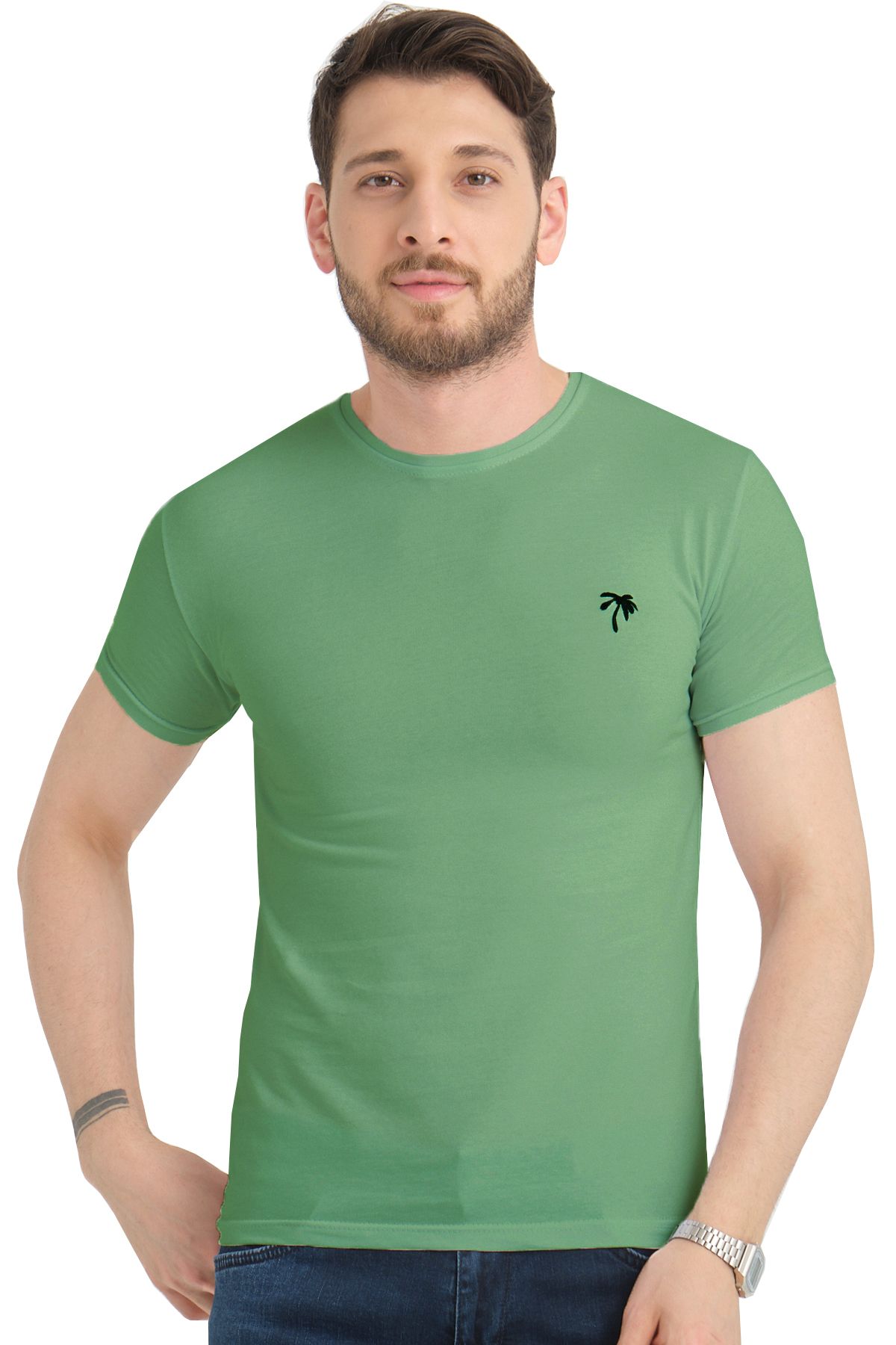 Varetta Erkek Pastel Yeşil Bisiklet Yaka Likralı Pamuklu Kısa Kollu T shirt