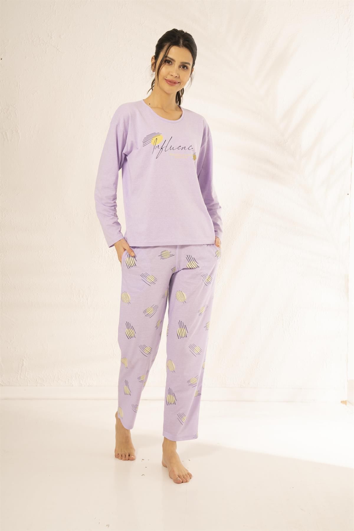 Estiva 23114 Kadın Desenli Uzun Kollu Yazlık Penye Pijama Takımı
