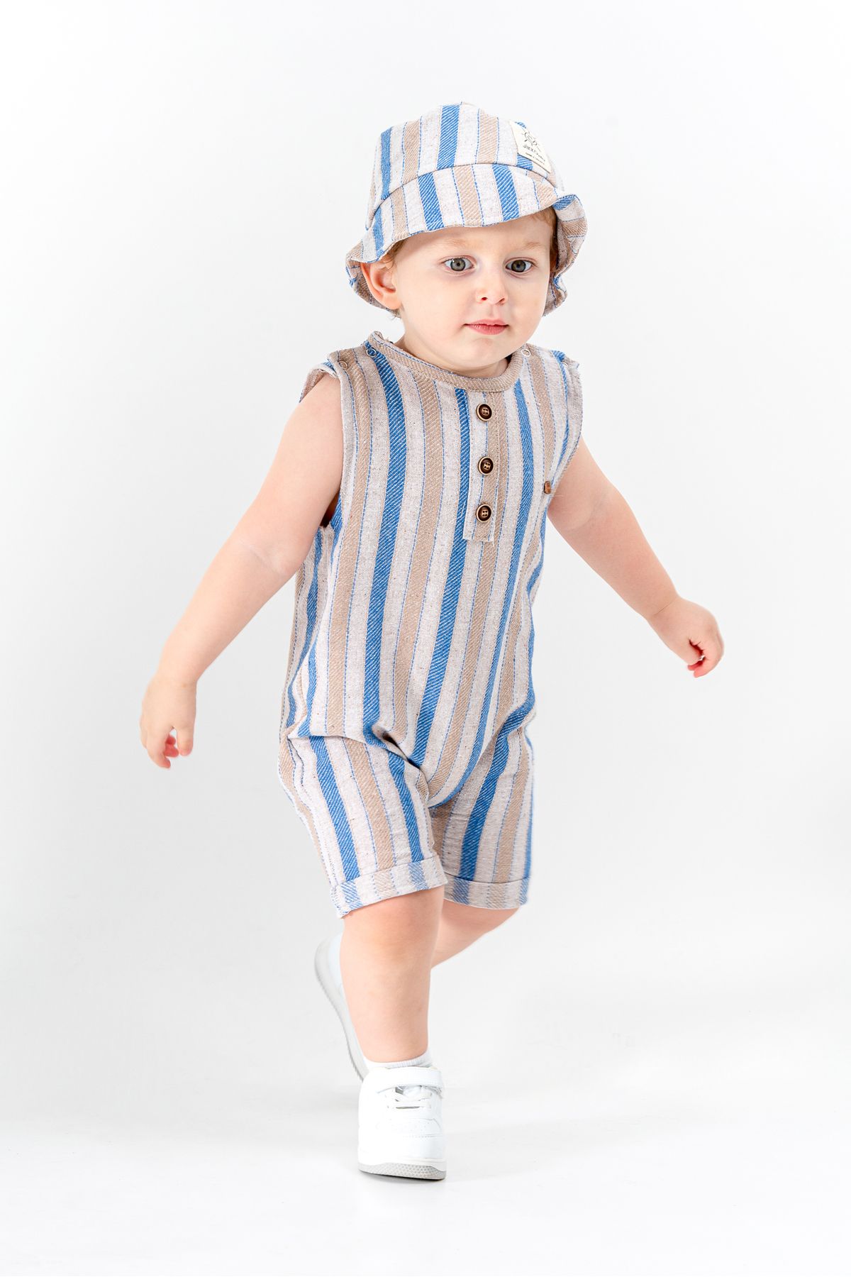 Jikko Baby Keten Çizgili Şapkalı Tulum Set 8003