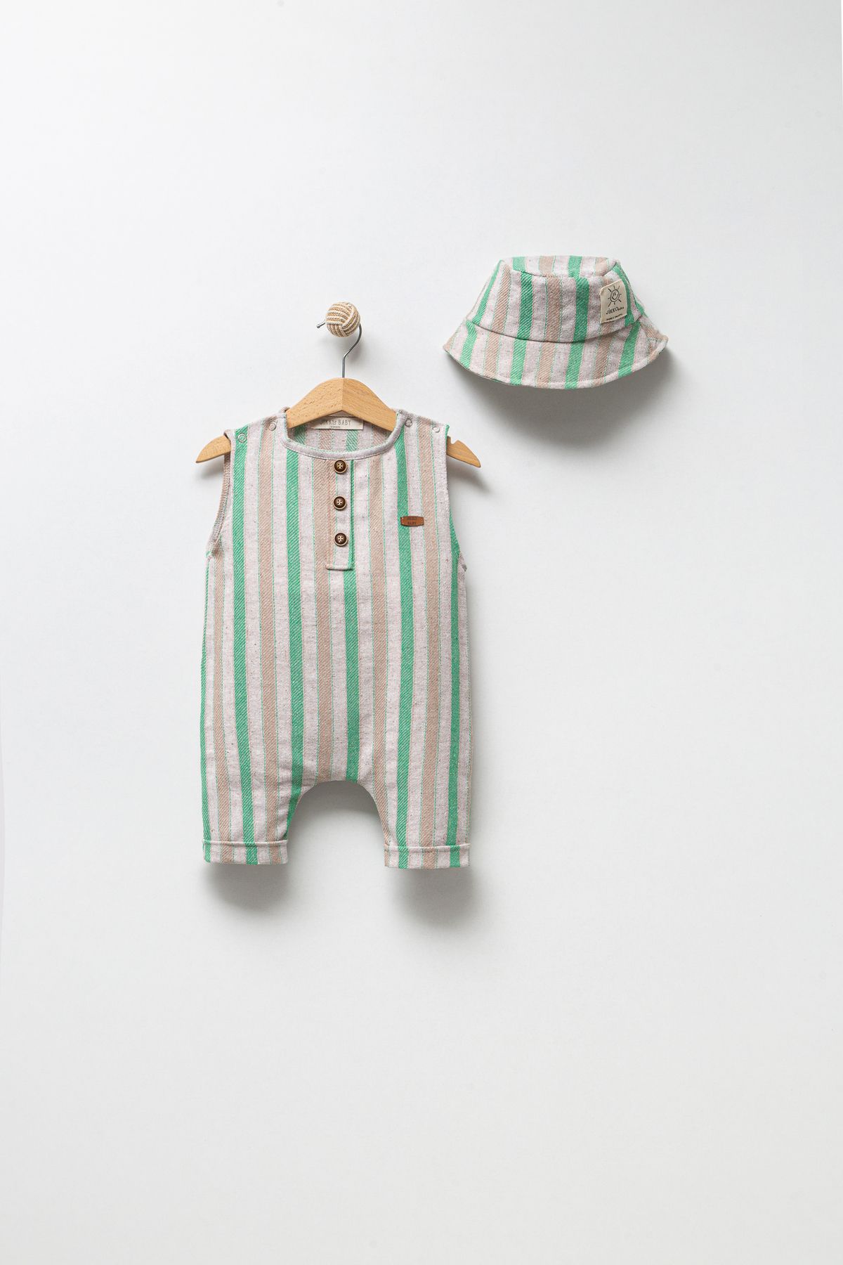 Jikko Baby Keten Çizgili Şapkalı Tulum Set 8003