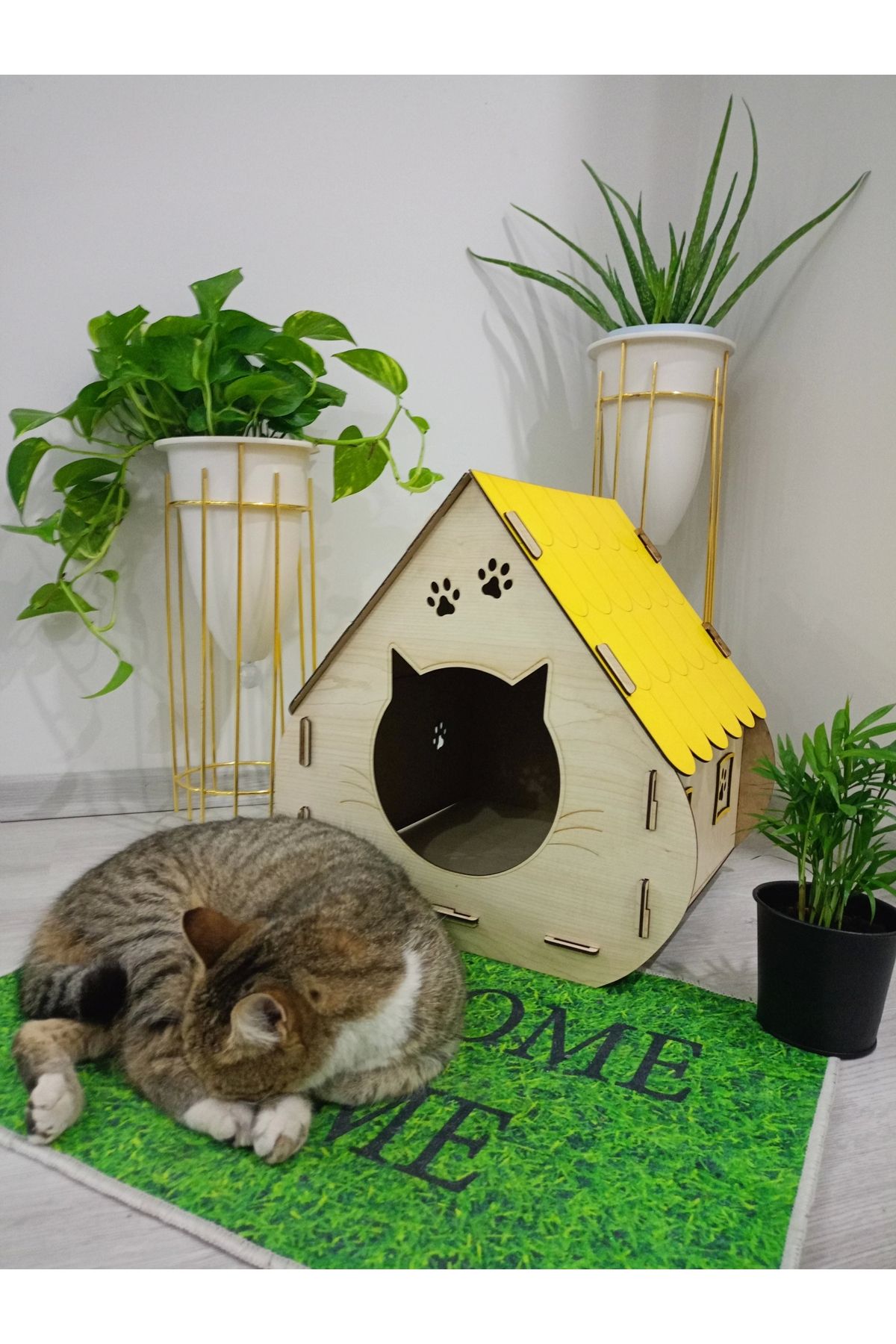 Kitty Box Kedi Evi -Sarı çatı - M - Kedi Yuvası - Ahşap-