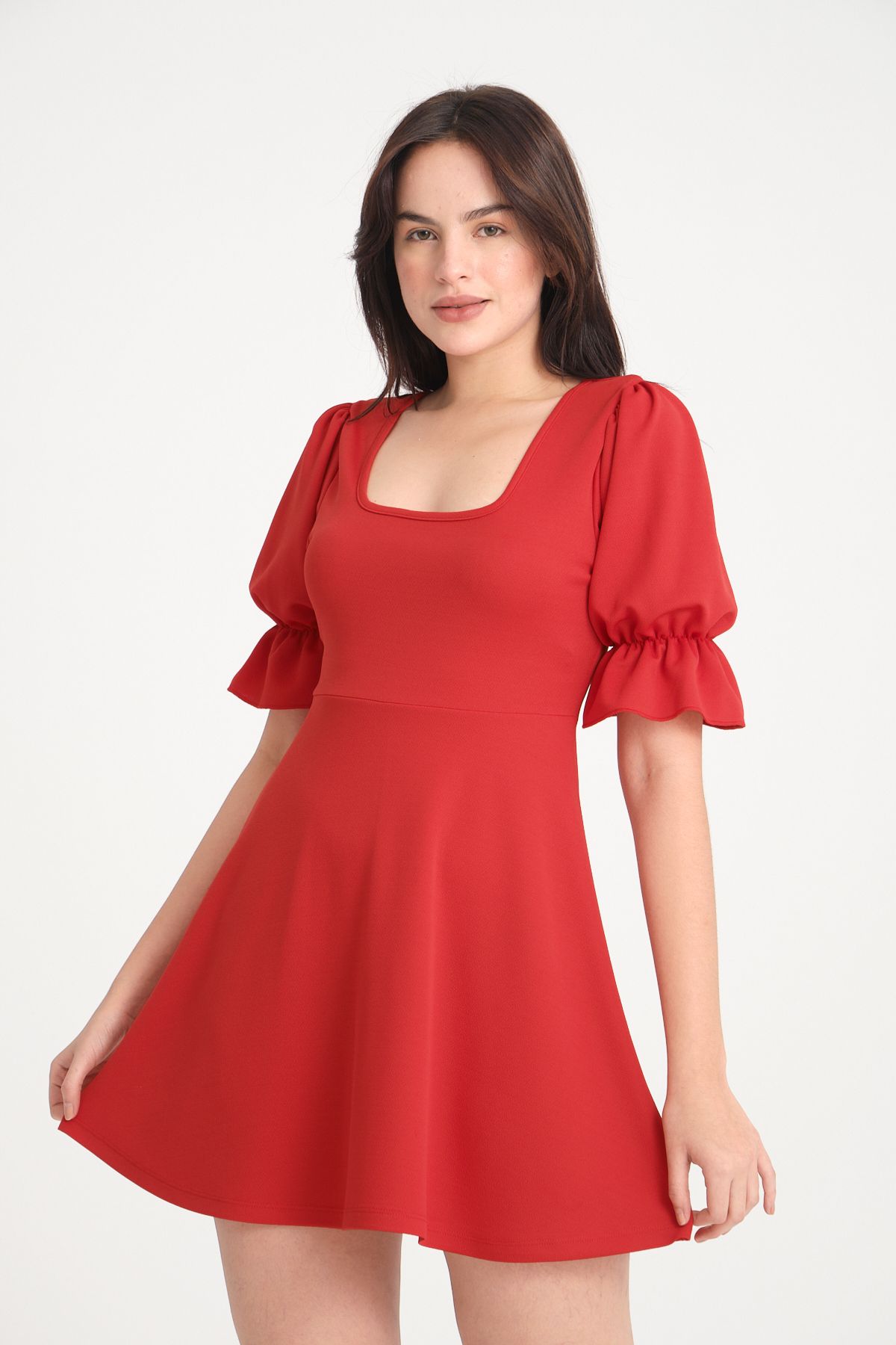 segrock Kadın Balon Kollu Krep Midi Elbise Kırmızı