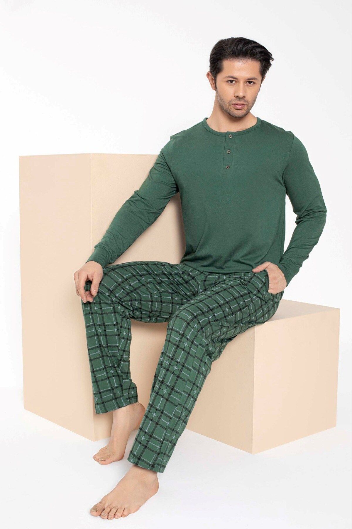 bie's Erkek-çift Sevgili Eş Kombini Yeşil Ekose Desen Modal Uzun Kol Pijama Takımı-tek Ürün Fiyatıdır-