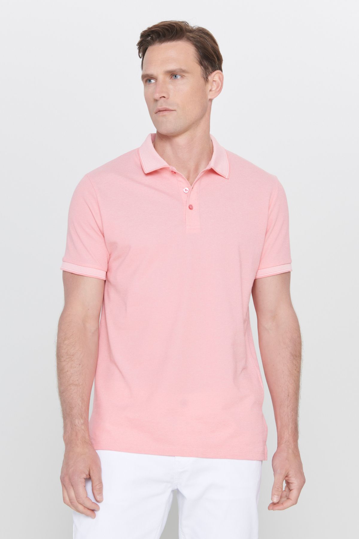 AC&Co / Altınyıldız Classics Erkek Çekmeyen Pamuklu Kumaş Slim Fit Dar Kesim Pembe-Beyaz Kıvrılmaz Polo Yaka Tişört