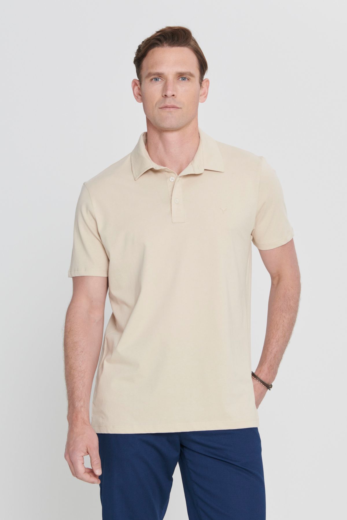 AC&Co / Altınyıldız Classics Erkek Koyu Bej Standart Fit Normal Kesim %100 Pamuk Logo Detaylı Polo Yaka Tişört