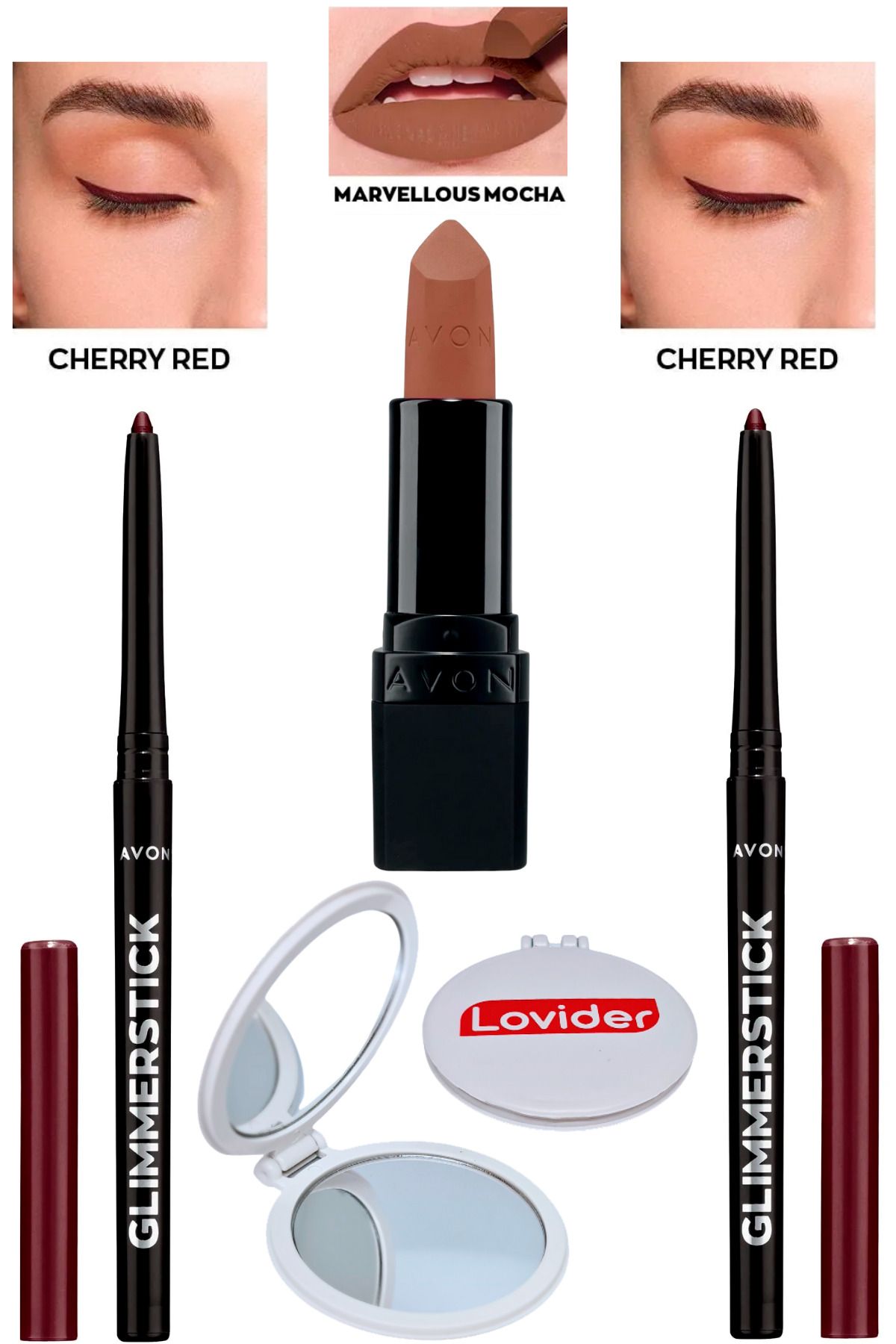 Avon Asansörlü Göz Kalemi Cherry Red 2'li + Marvellous Mocha Mat Ruj + Lovider Cep Aynası