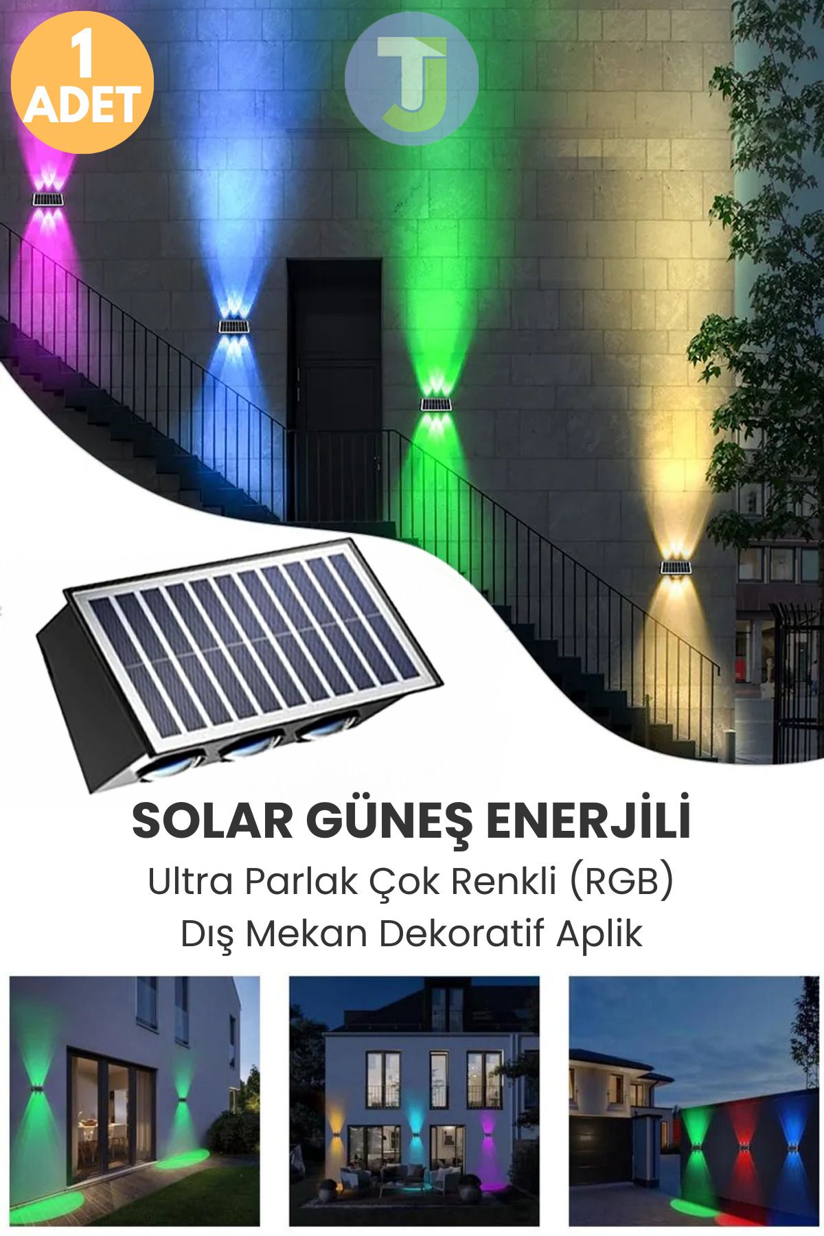 Technojet Solar Güneş Enerjili 6 Ledli Bahçe Aydınlatması Aplik Parlak RGB Işık Led Lamba (1 Adet)