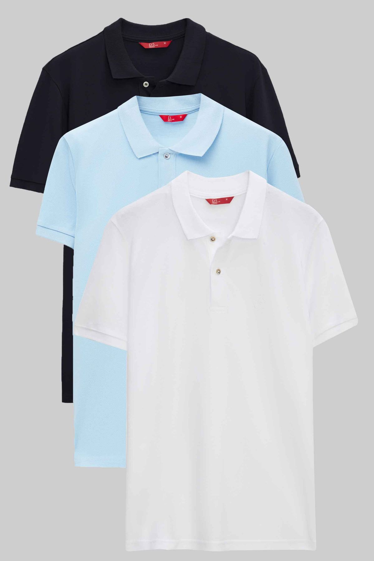 D'S Damat Ds Damat Regular Fit Lacivert/Açık Mavi/Beyaz Pike Dokulu %100 Pamuk Polo Yaka T-Shirt