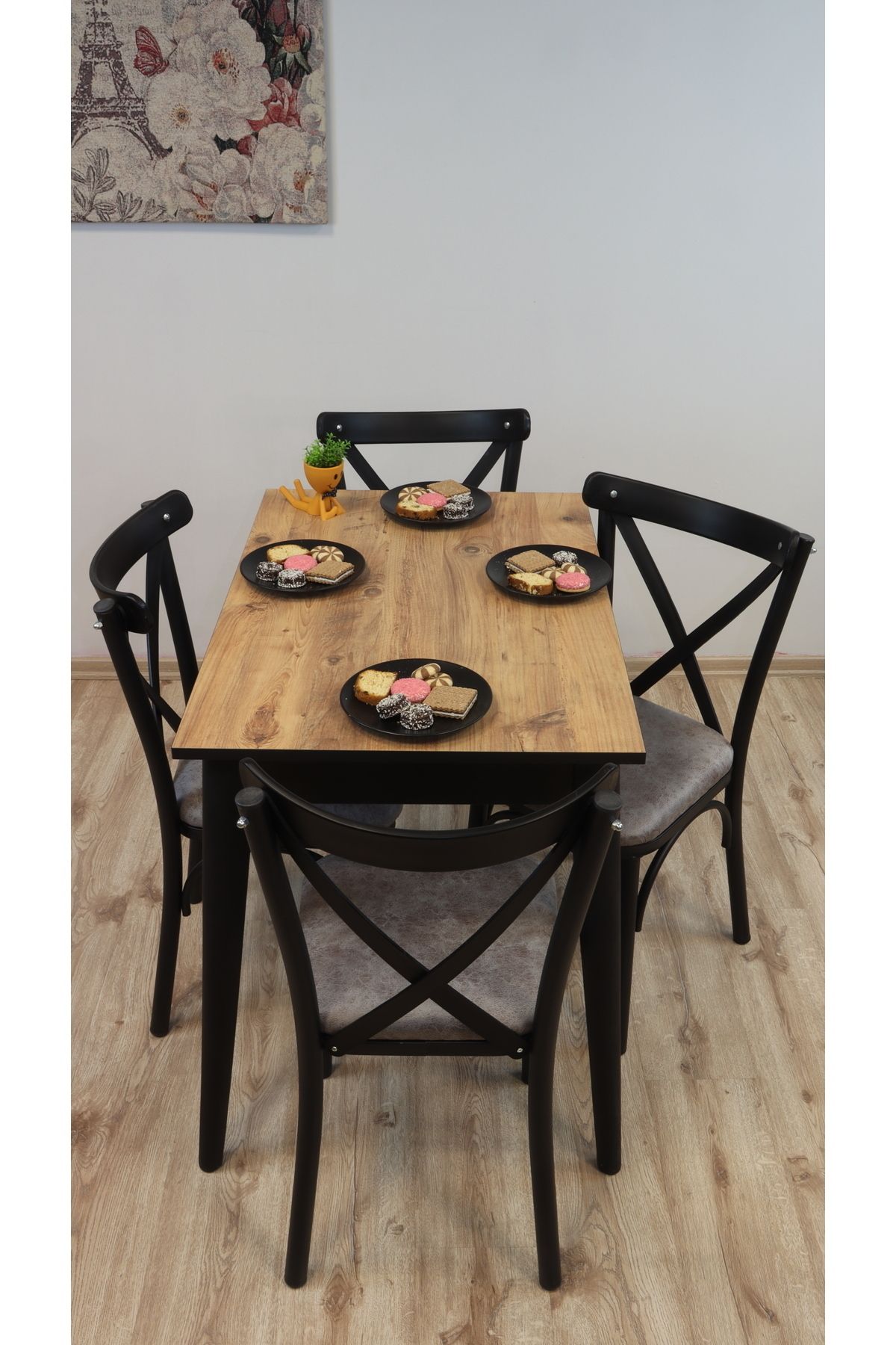 Dimassi Retro Atlantik Çam 4 Kişilik Yemek Masası Mutfak Masası Salon Masası Koyu Bej Sandalye