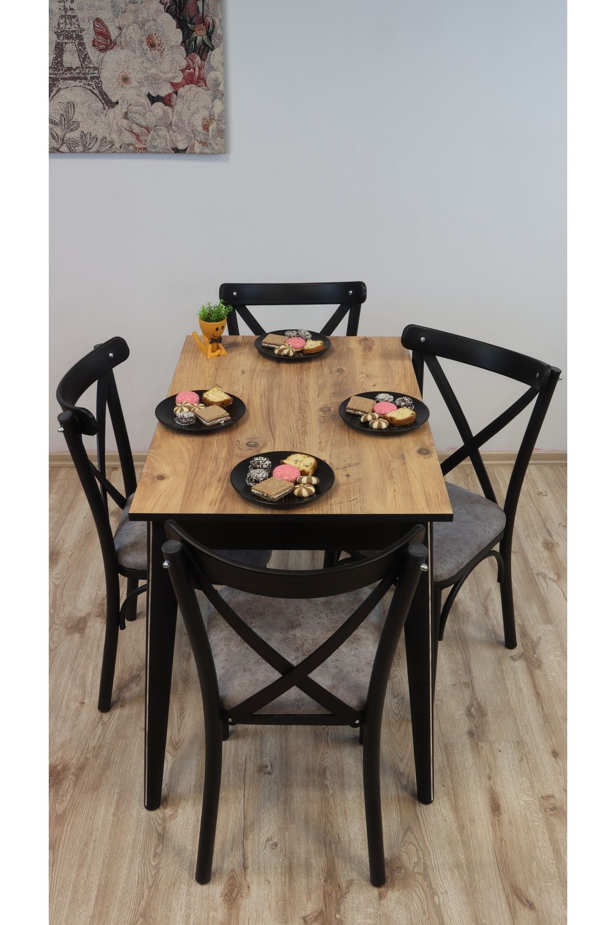 Dimassi PİCASSO Siyah Krom Mermer 4 Kişilik Yemek Masası Mutfak Masası Salon Masası Koyu Bej SANDALYE