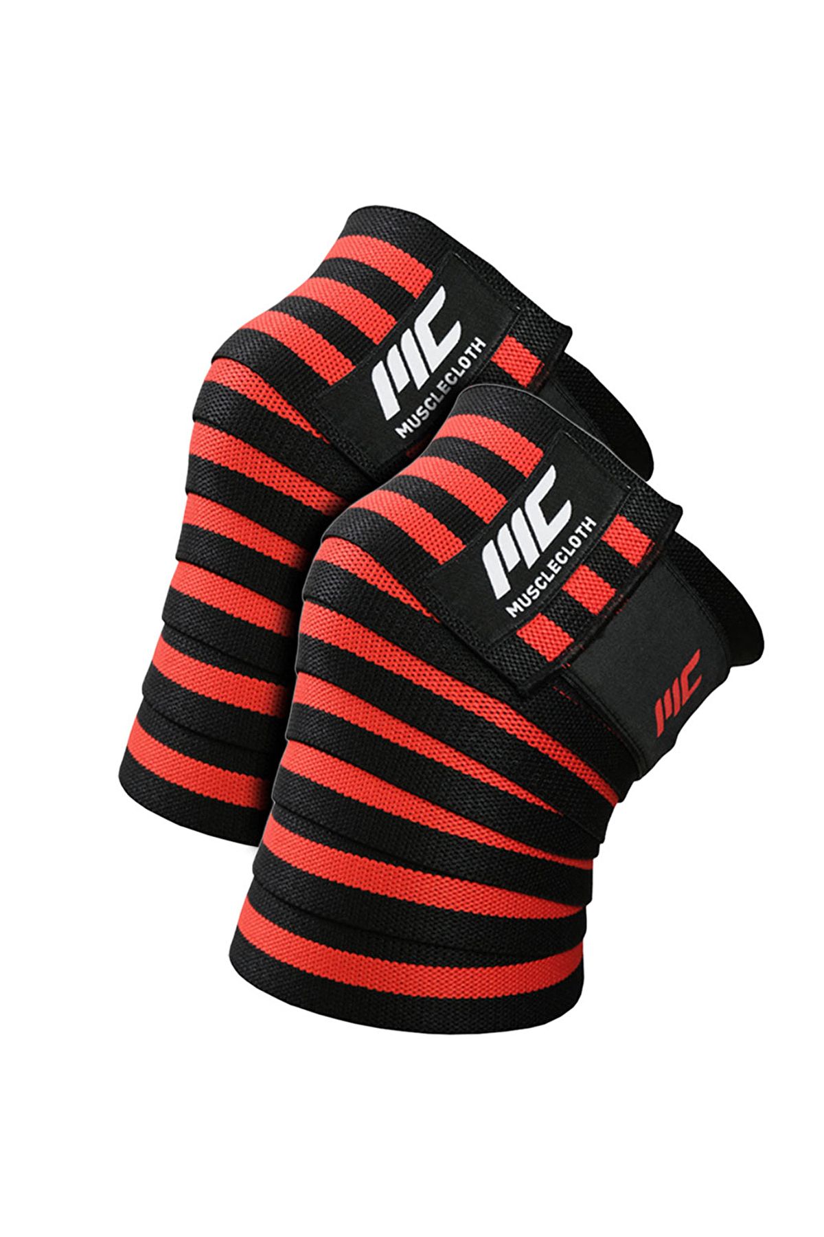MUSCLECLOTH Pro Knee Wraps Diz Bandajı 2'li Paket - Cırt Bantlı Siyah Kırmızı
