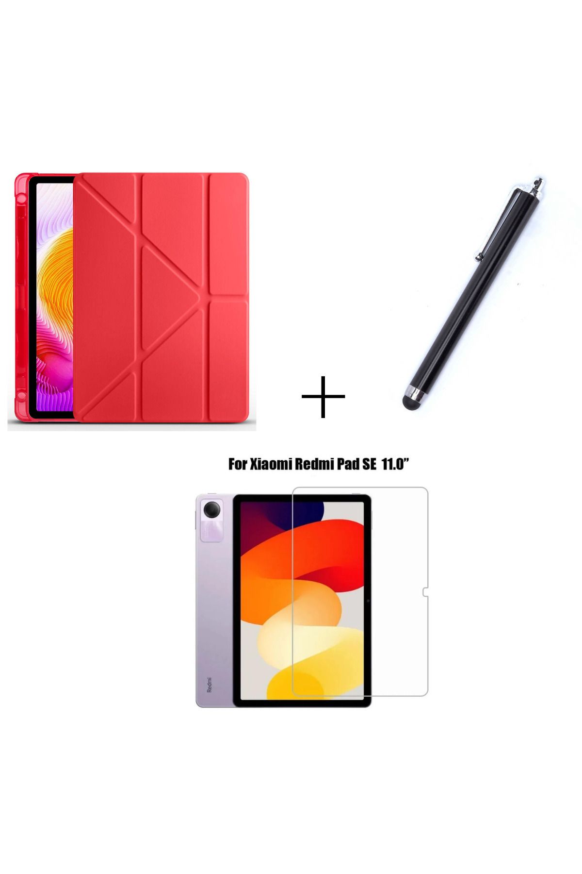 TEKNETSTORE Redmi Pad SE Uyumlu Kalem Bölmeli Standlı Kılıf + Ekran Koruyucu + Kalem 3'lü Set