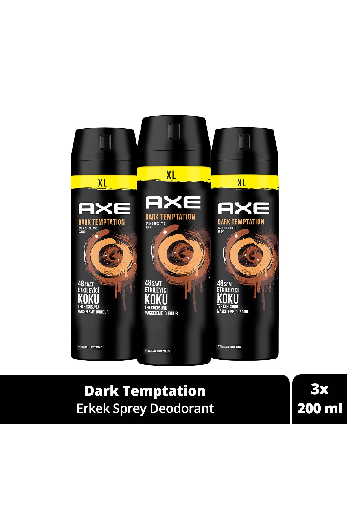 Axe Erkek Sprey Deodorant Dark Temptation Xl 48 Saat Etkileyici Koku 200 ml X3 Adet